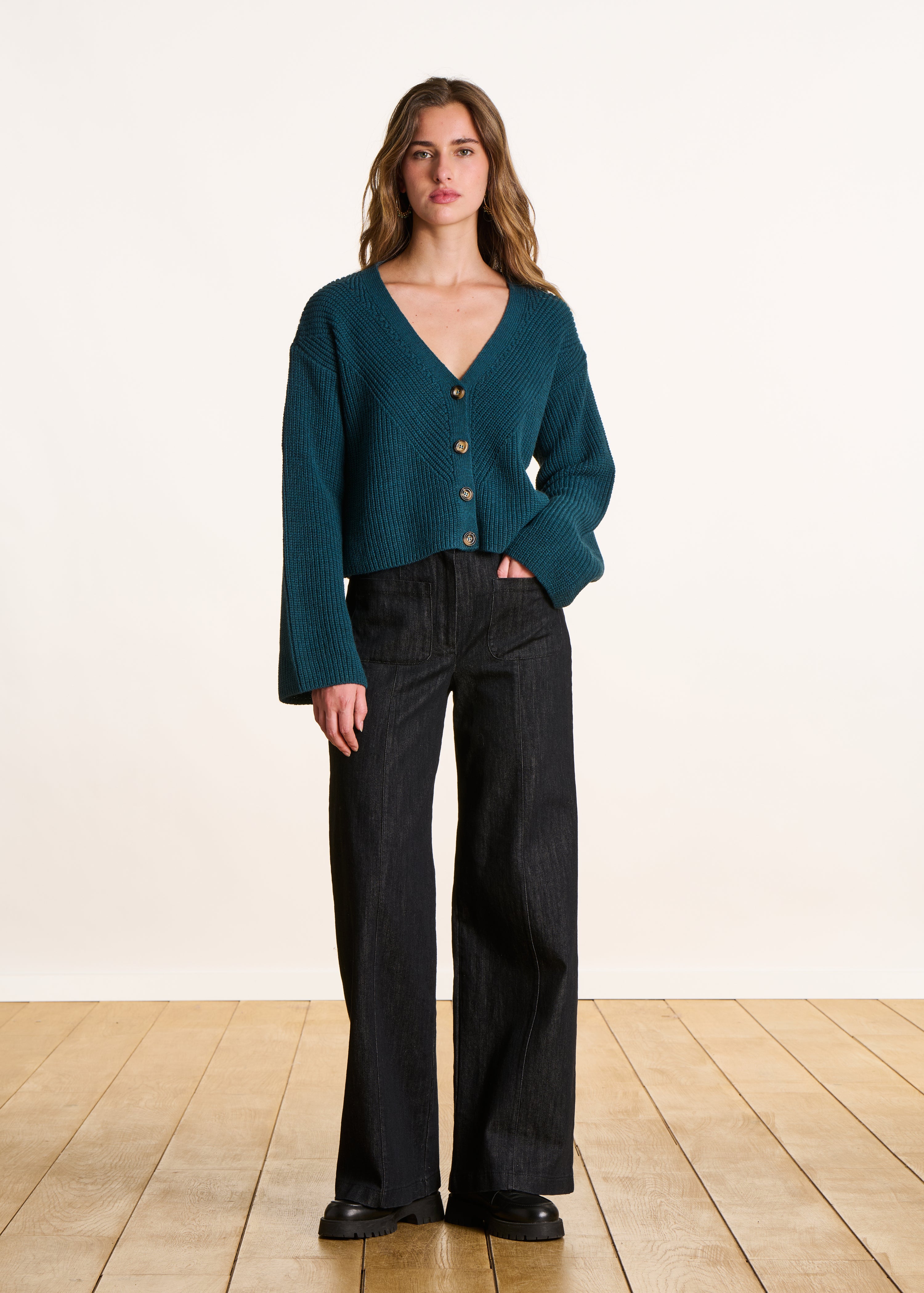 Short petrol blue cardigan in beaded ribbing