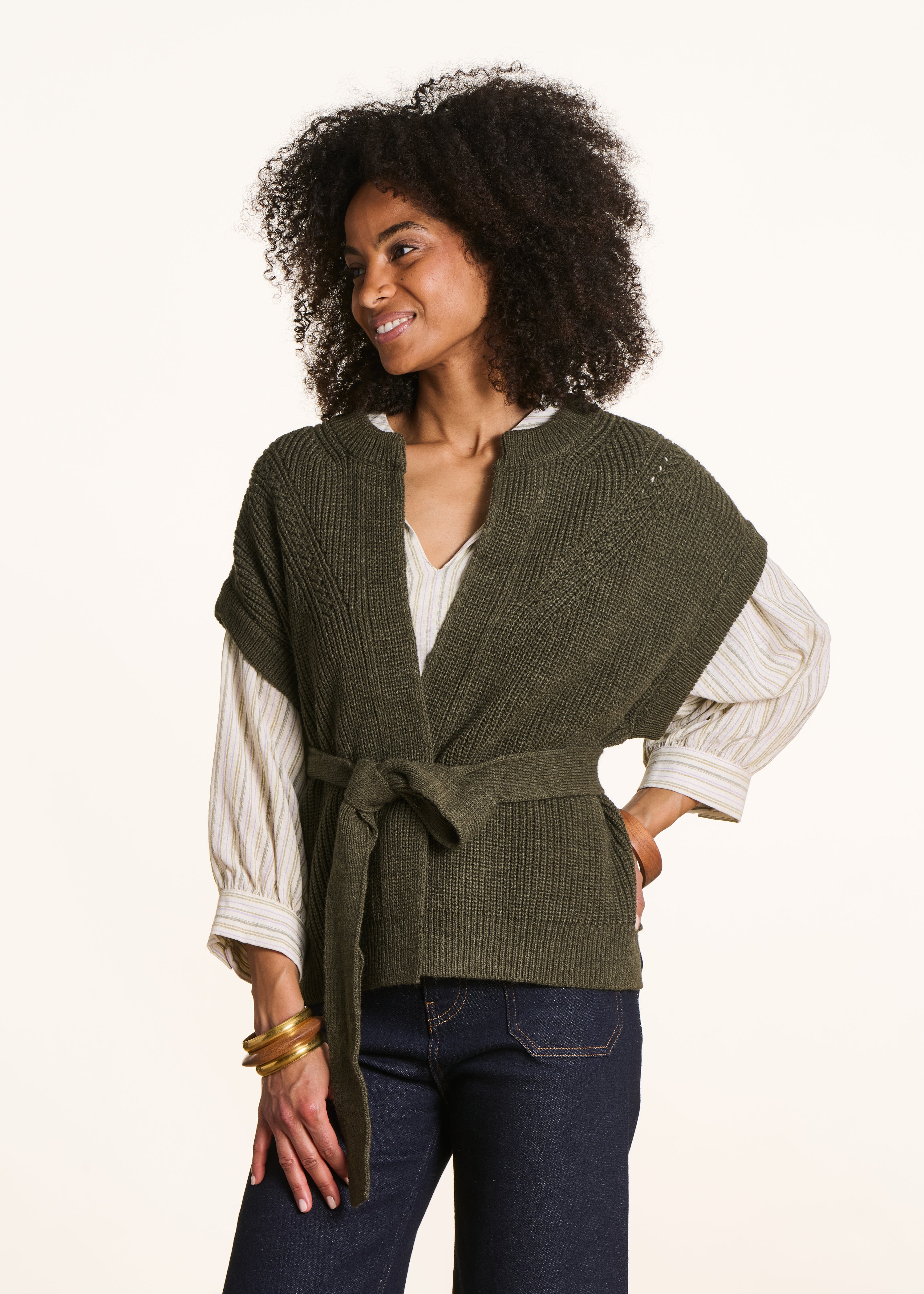 Belted waistcoat in khaki beaded rib knit