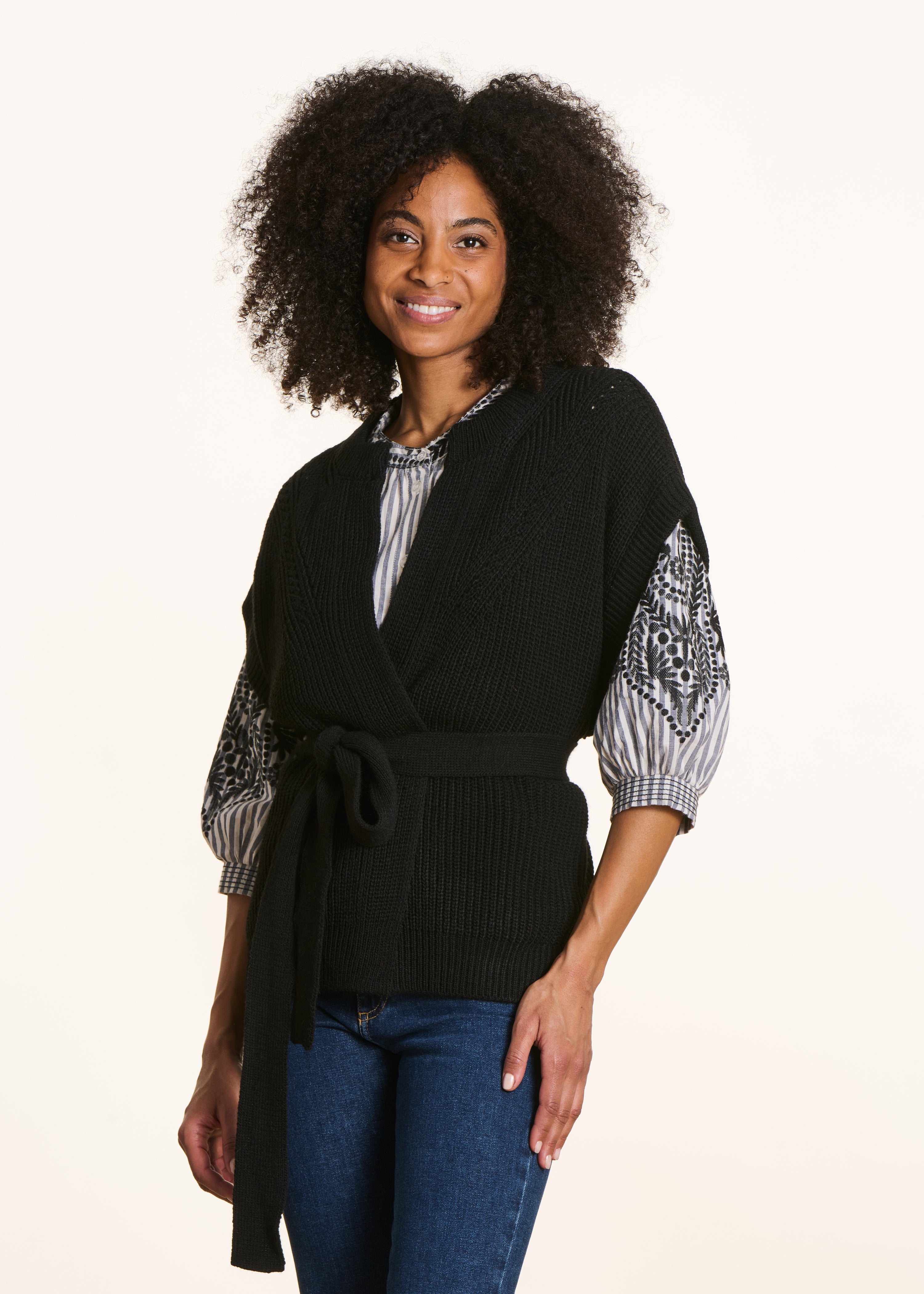 Belted cardigan in black beaded rib knit