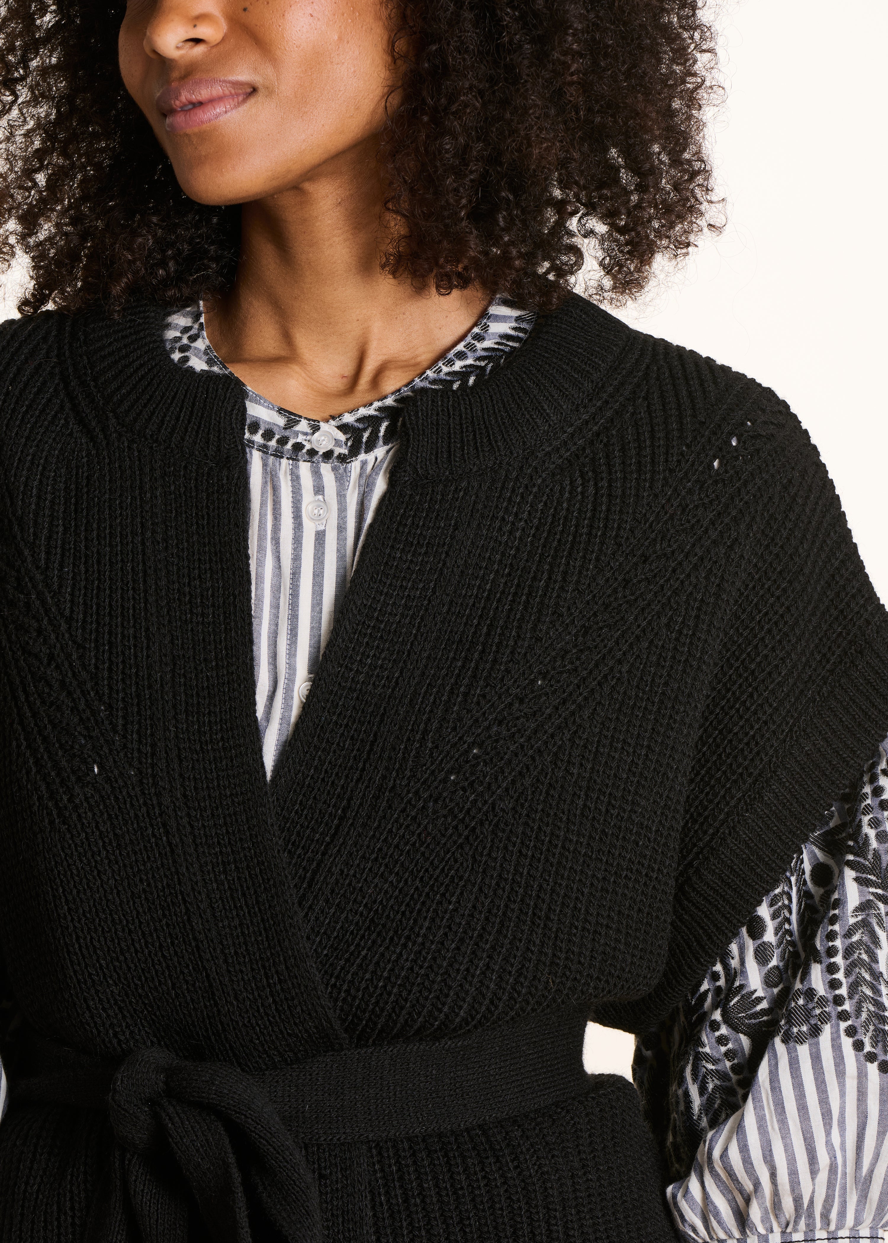 Belted cardigan in black beaded rib knit