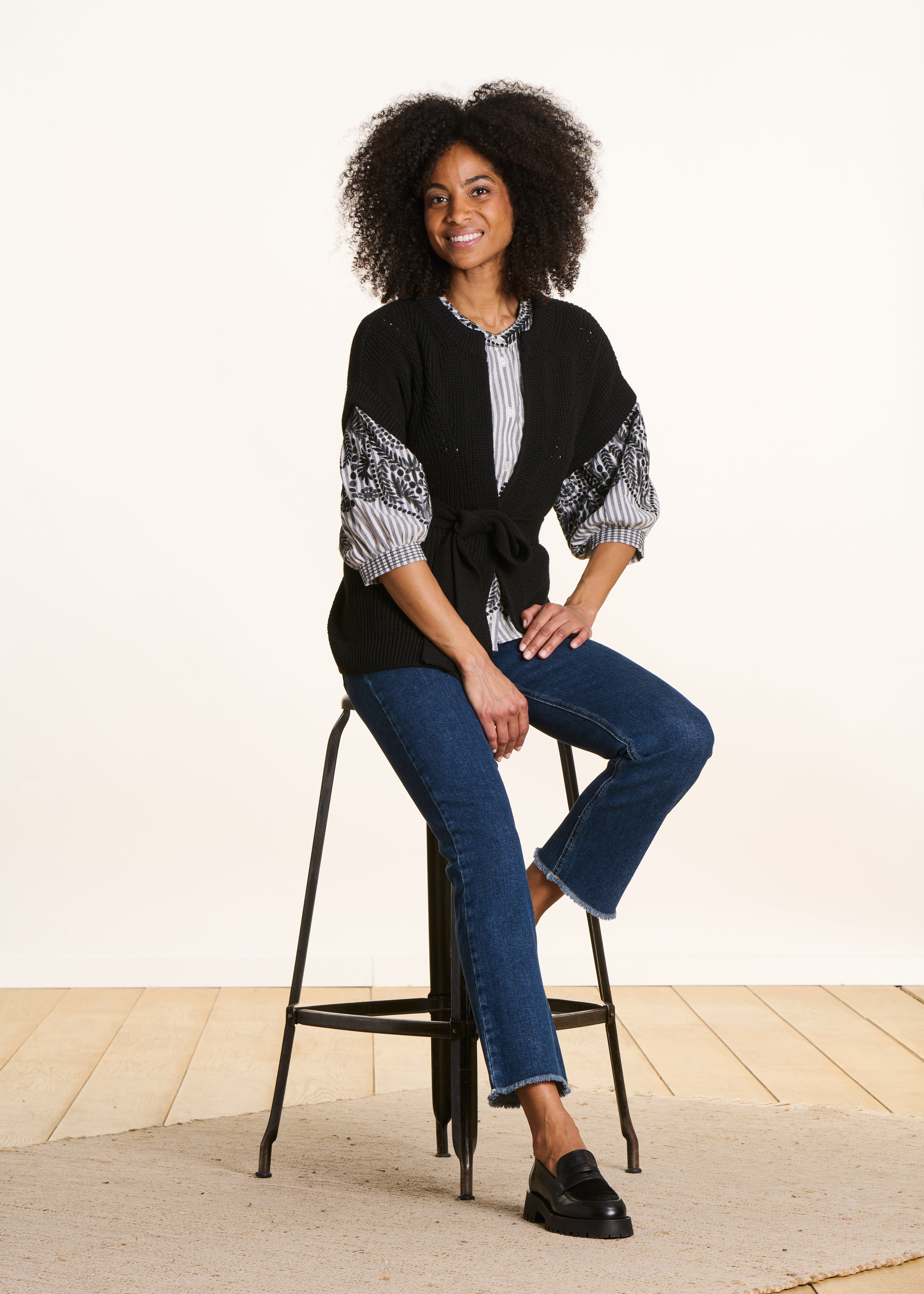 Belted cardigan in black beaded rib knit