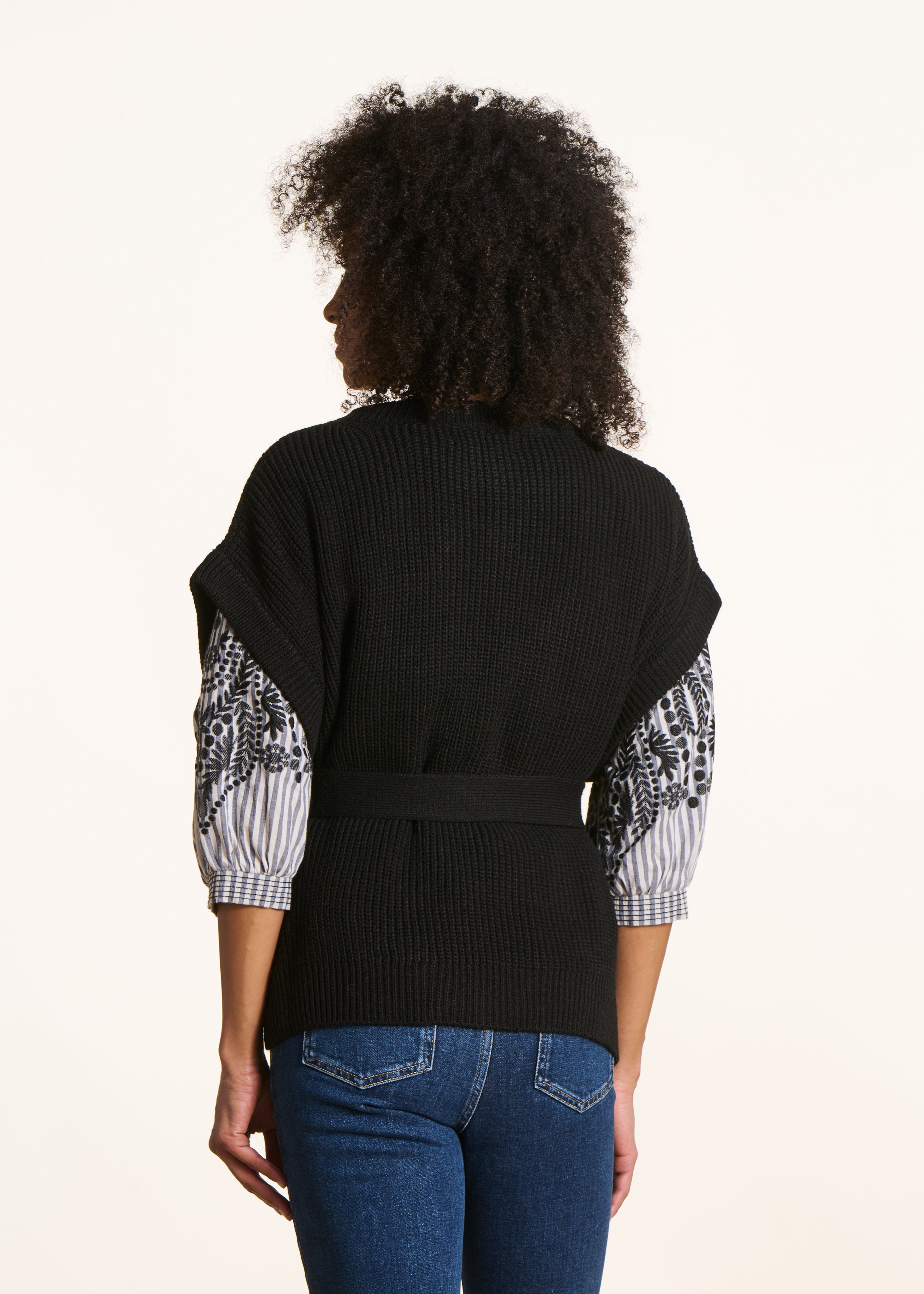 Belted cardigan in black beaded rib knit