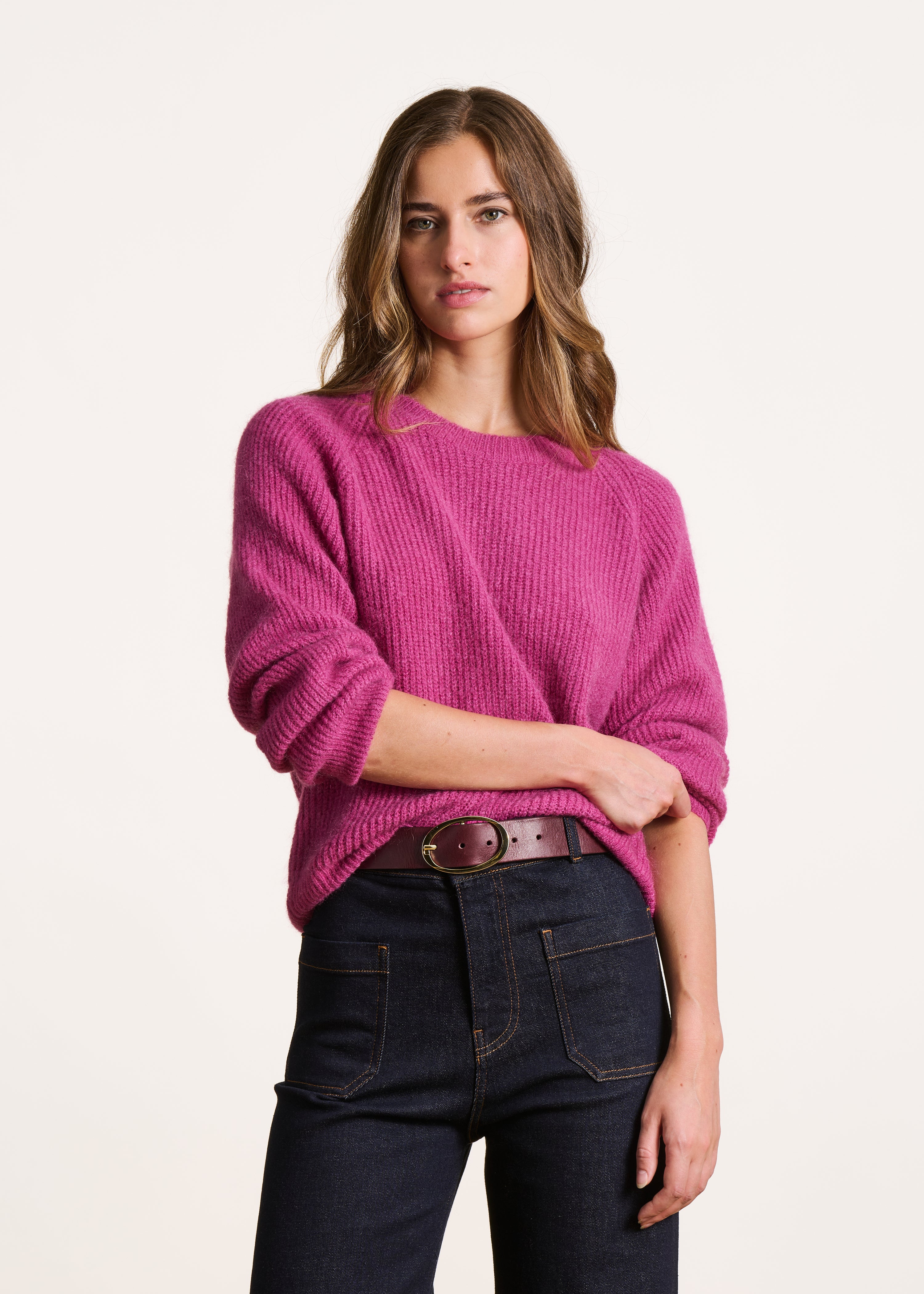 Fuchsia pink long sleeve round neck ribbed knit sweater
