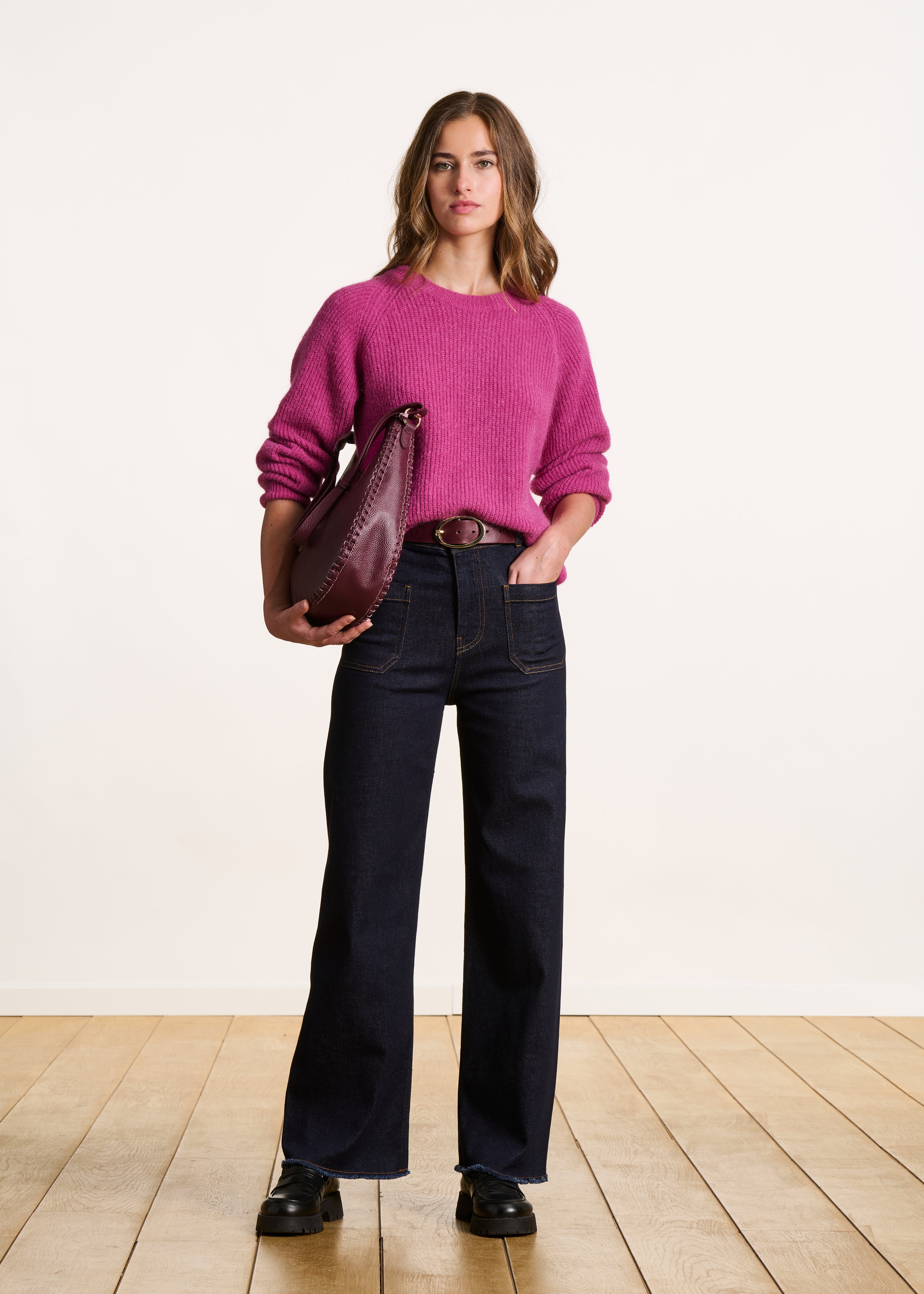 Fuchsia pink long sleeve round neck ribbed knit sweater