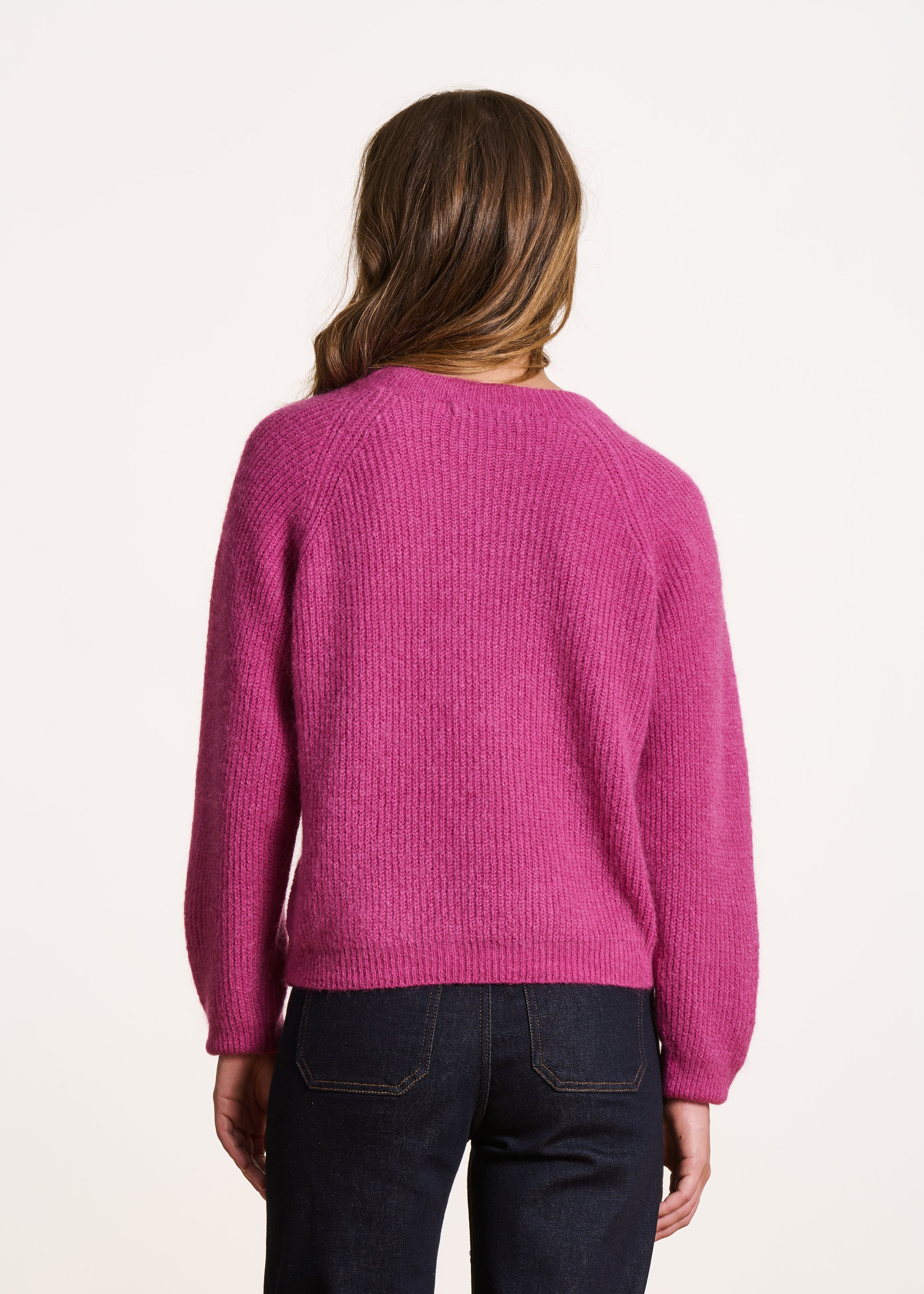 Fuchsia pink long sleeve round neck ribbed knit sweater