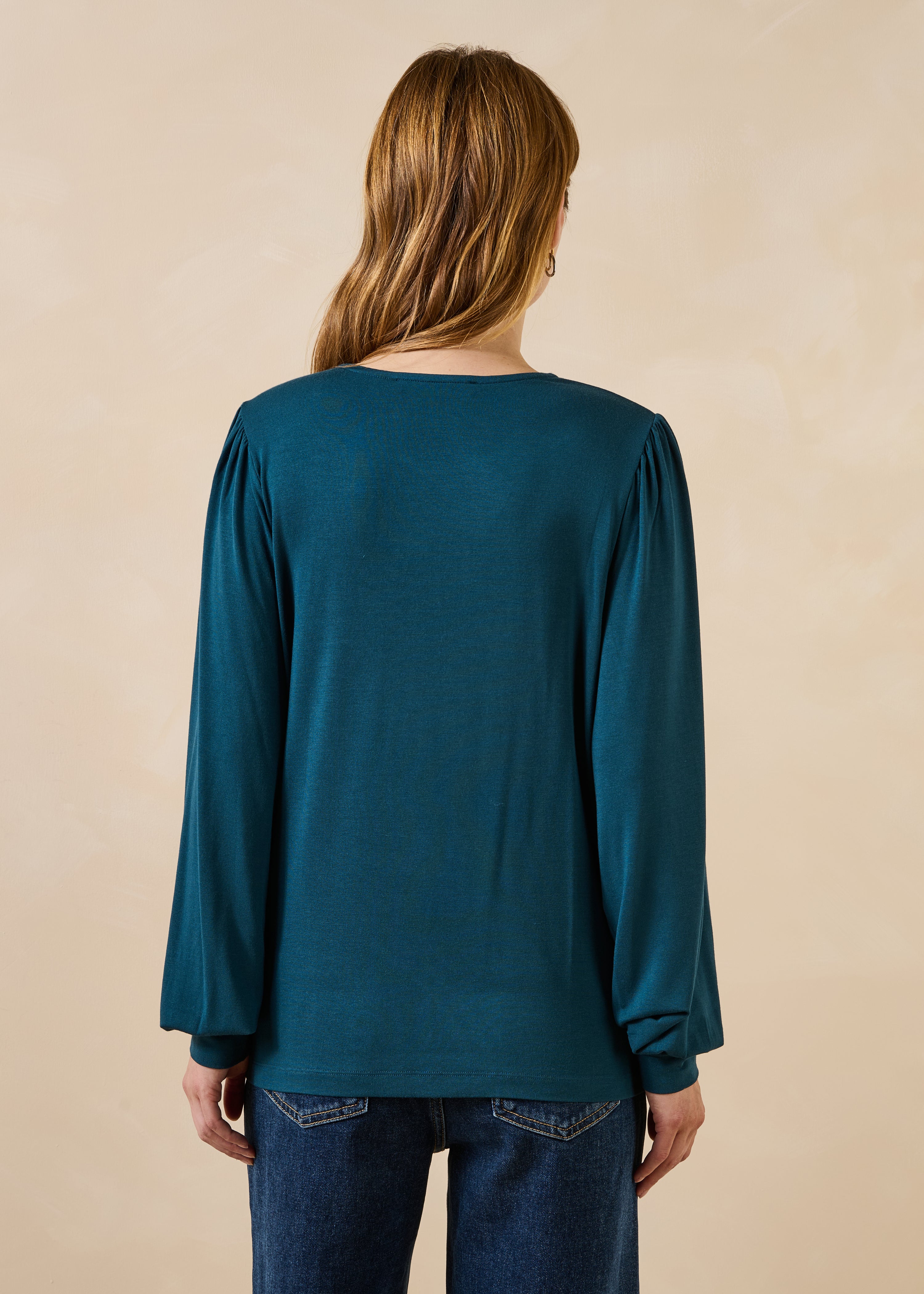 Petrol blue long-sleeve round-neck T-shirt