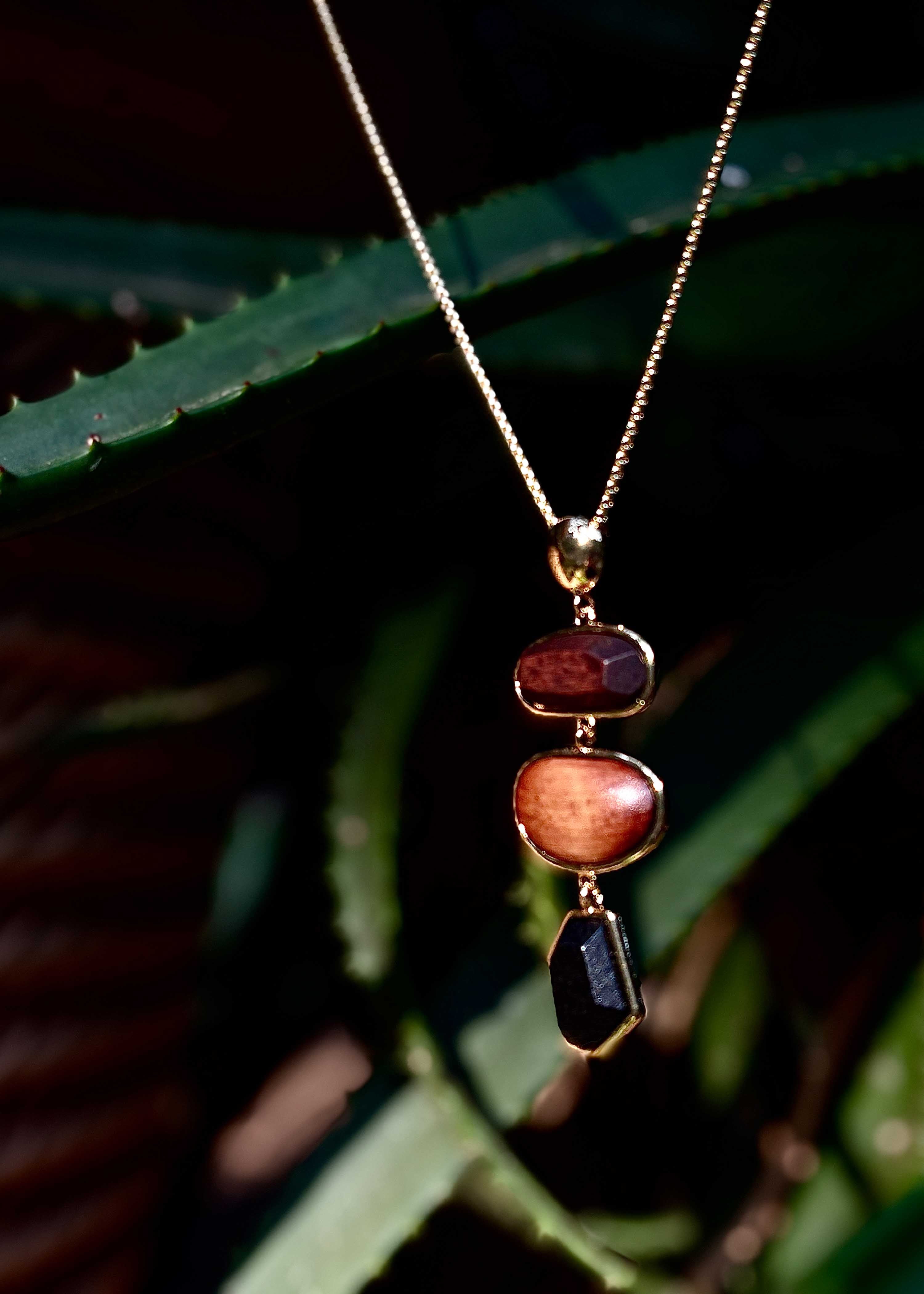 Gold long necklace with wood