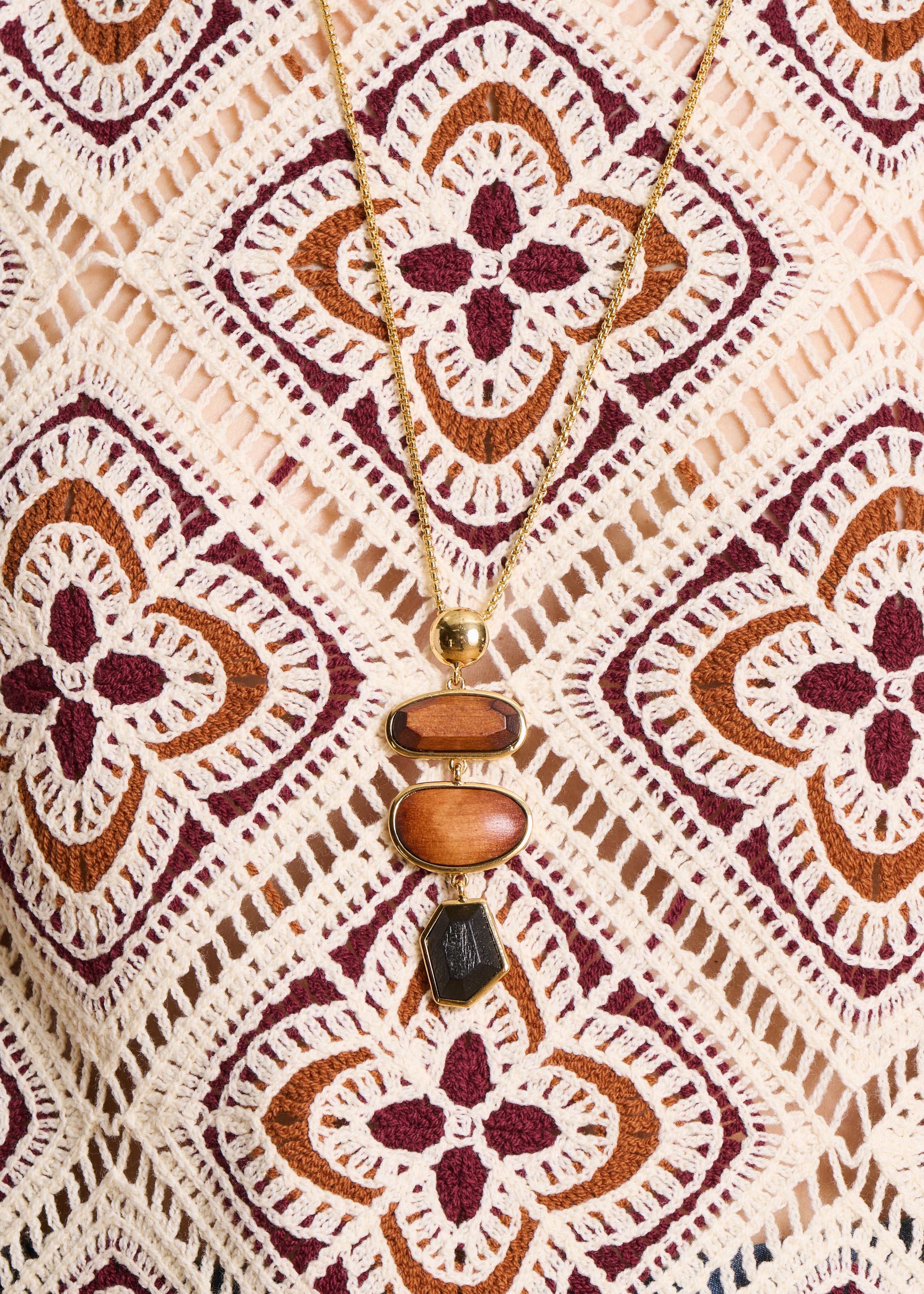 Gold long necklace with wood