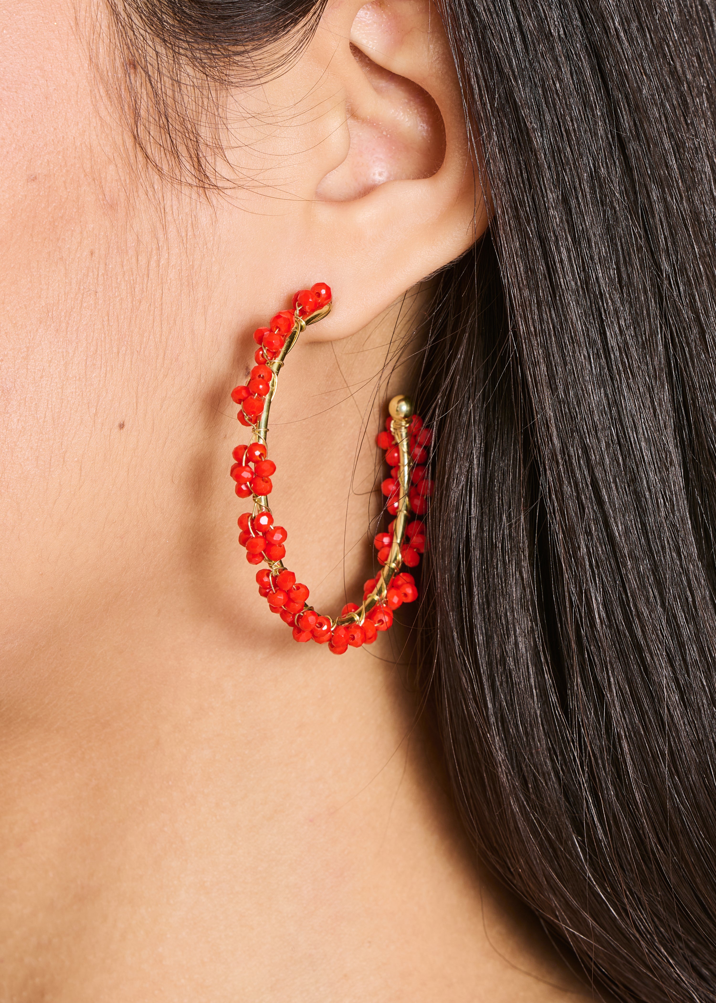 Orange pearl flower hoop earrings