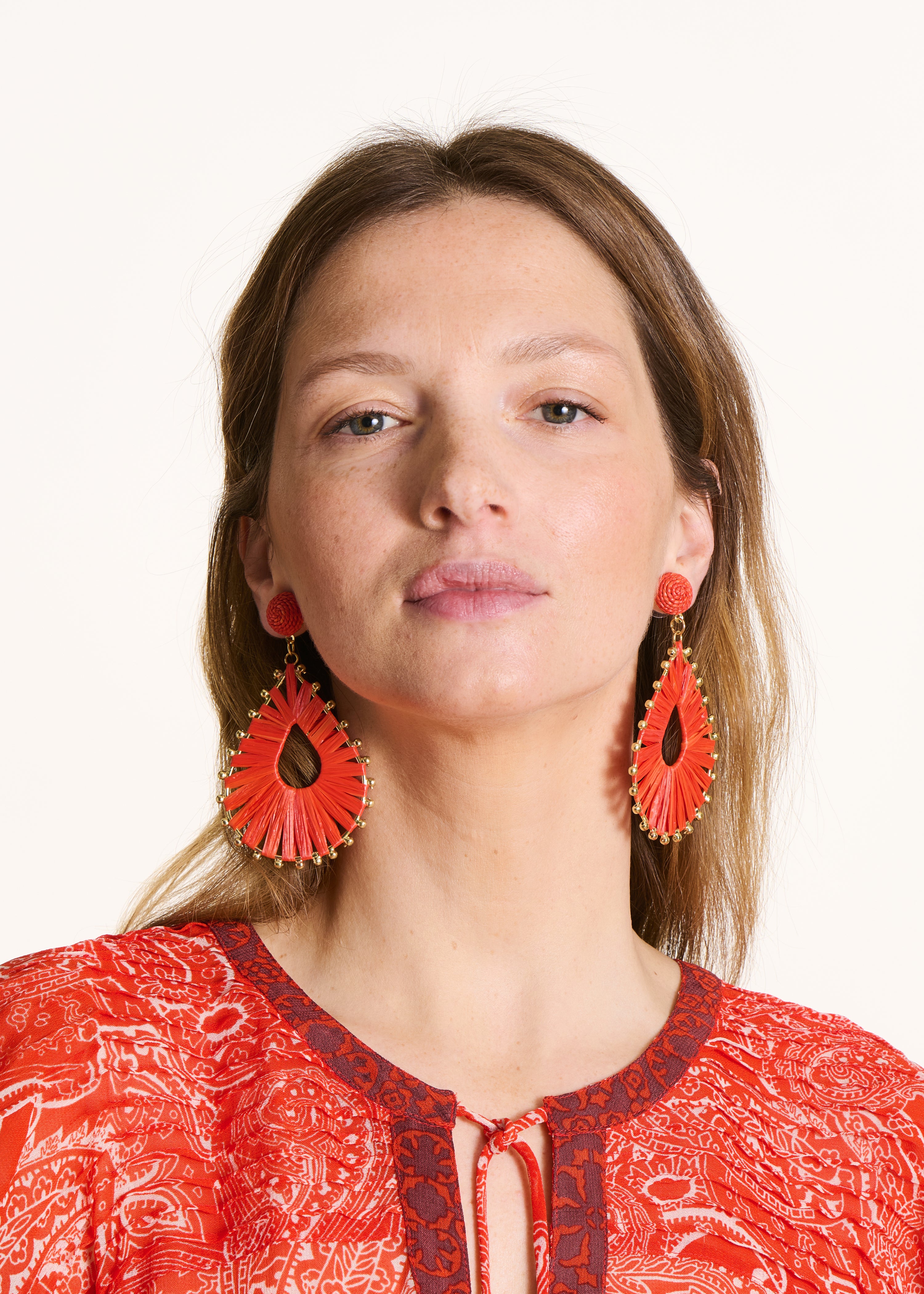 Red Raffia Effect Dangling Earrings