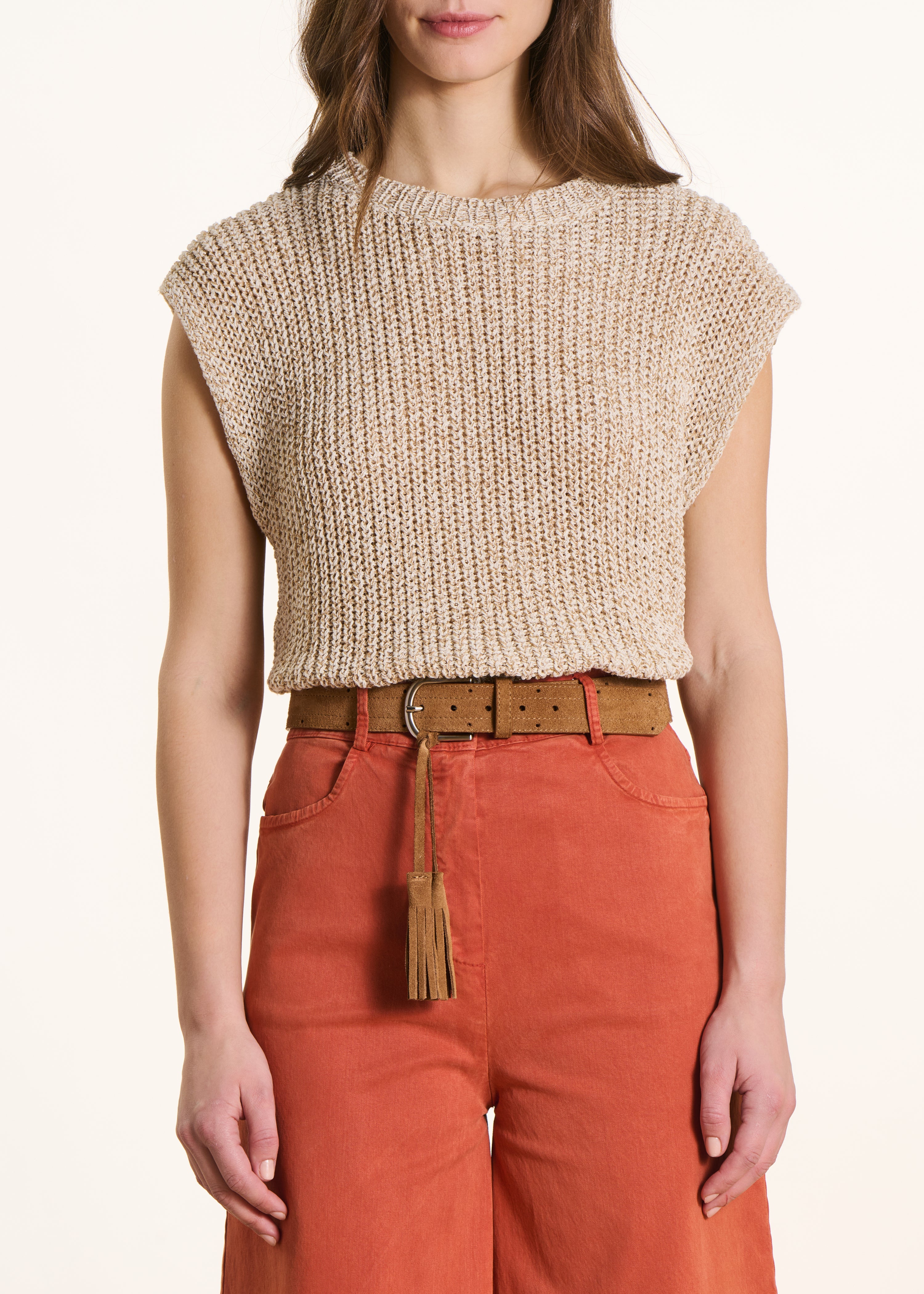 Camel leather belt with tassels