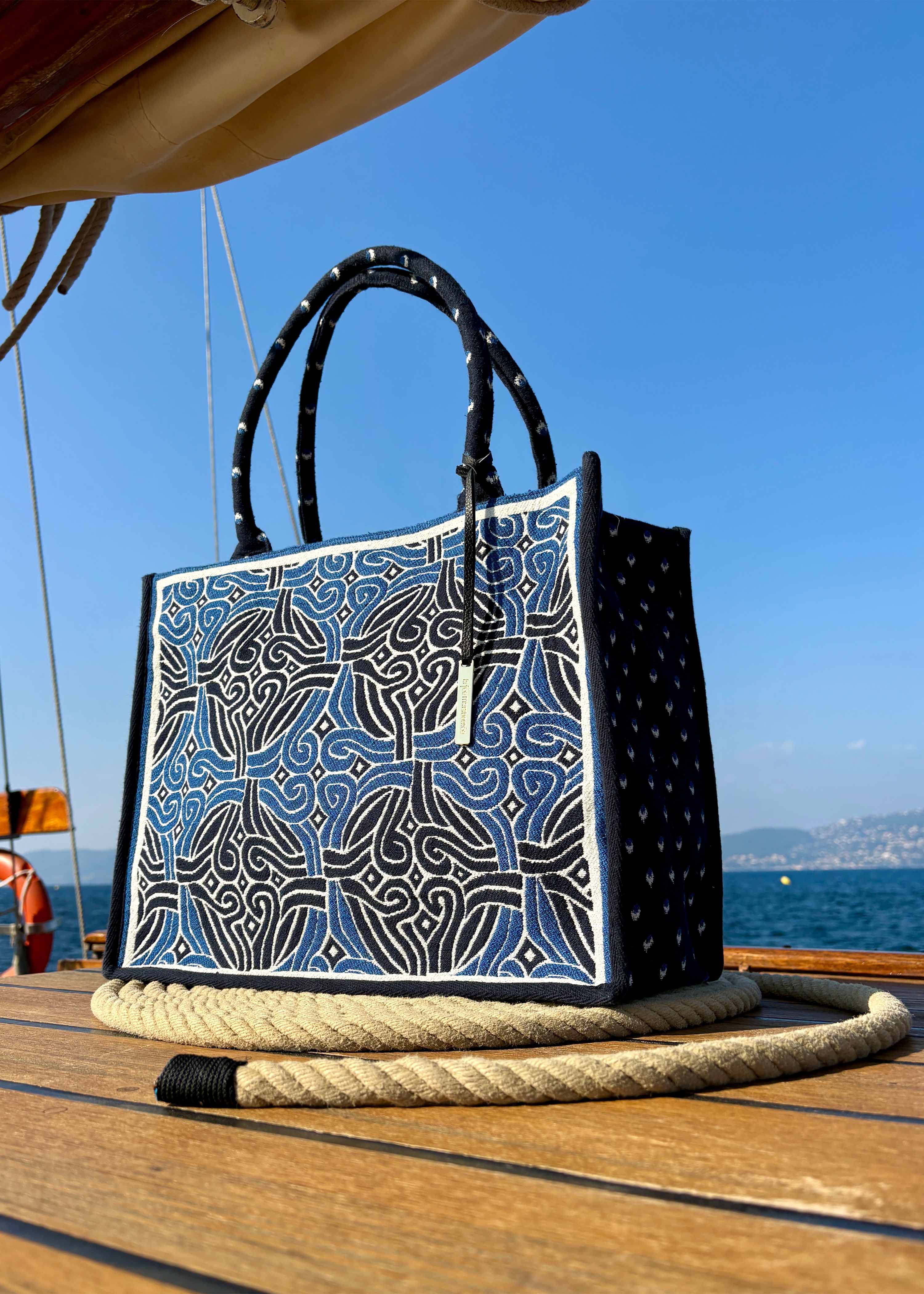 Blue jacquard tote bag