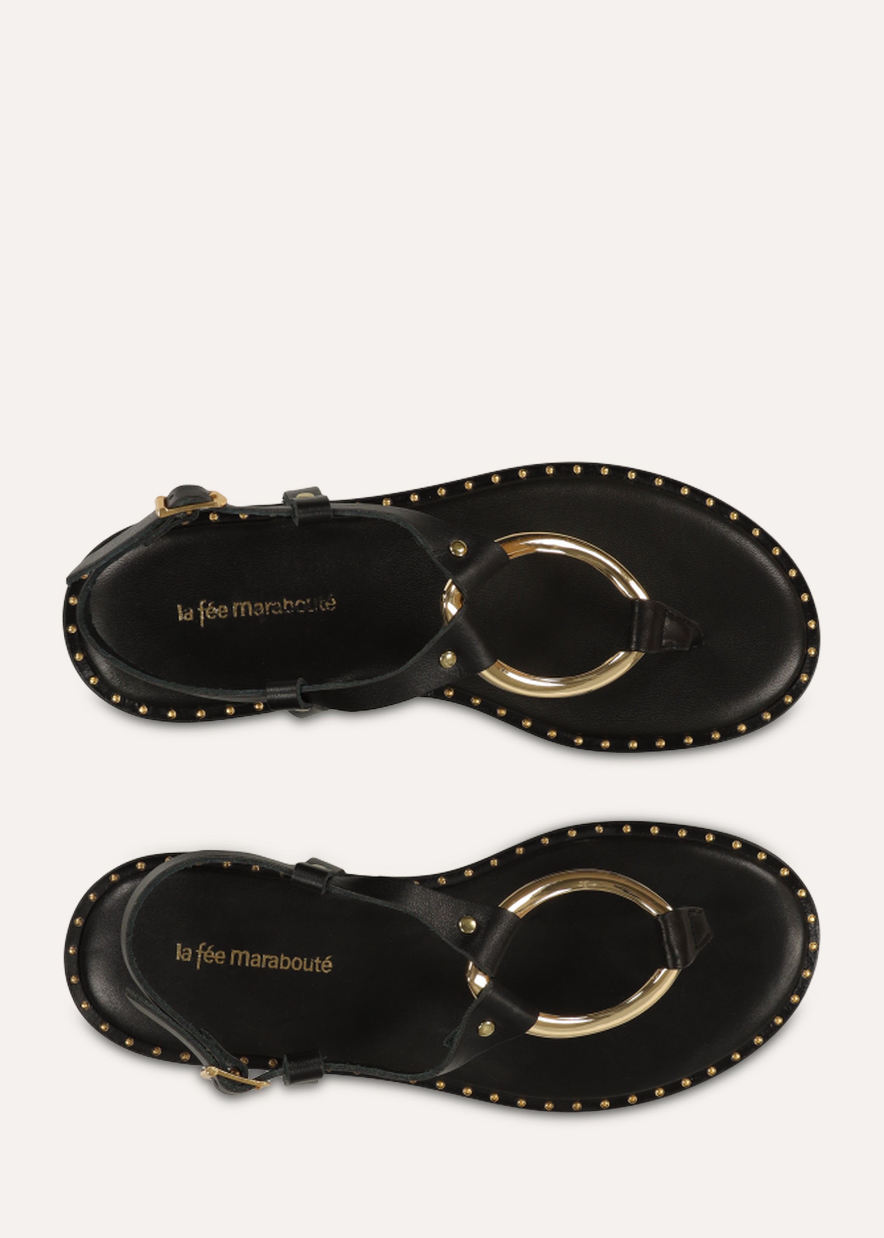 Black leather flat sandals with jewel embellishment