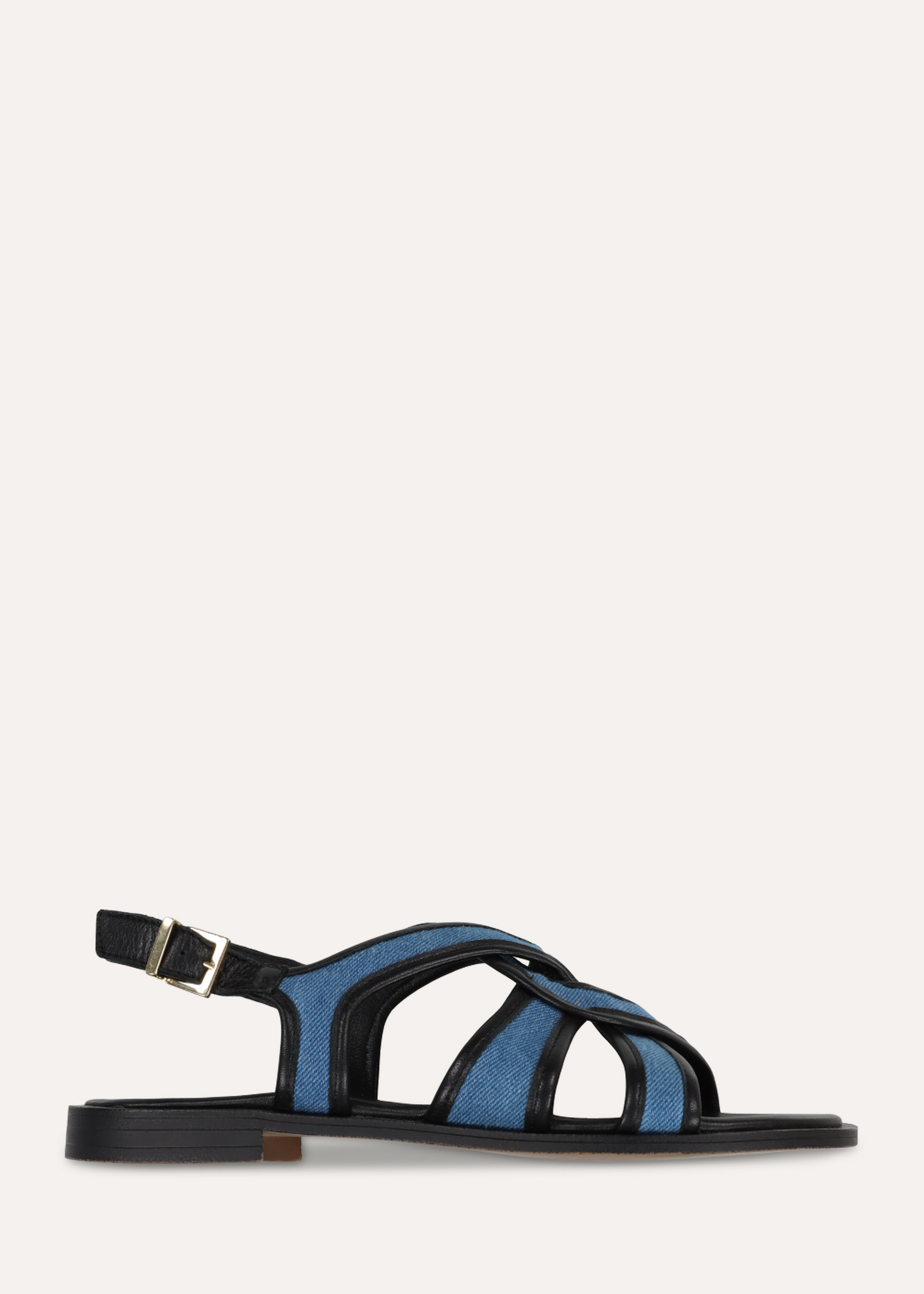 Sandales plates en cuir noir et denim