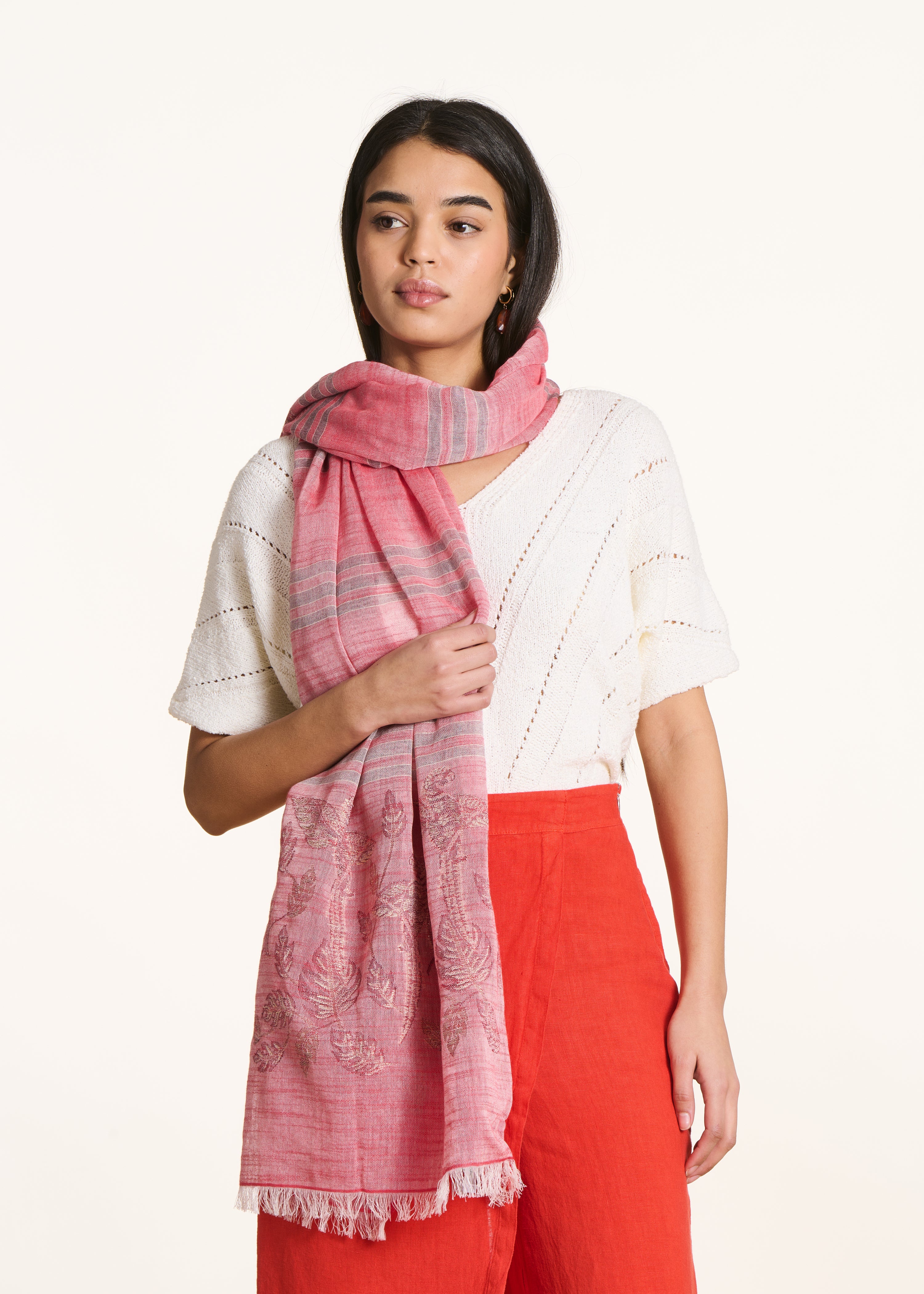 Red scarf with leaf pattern