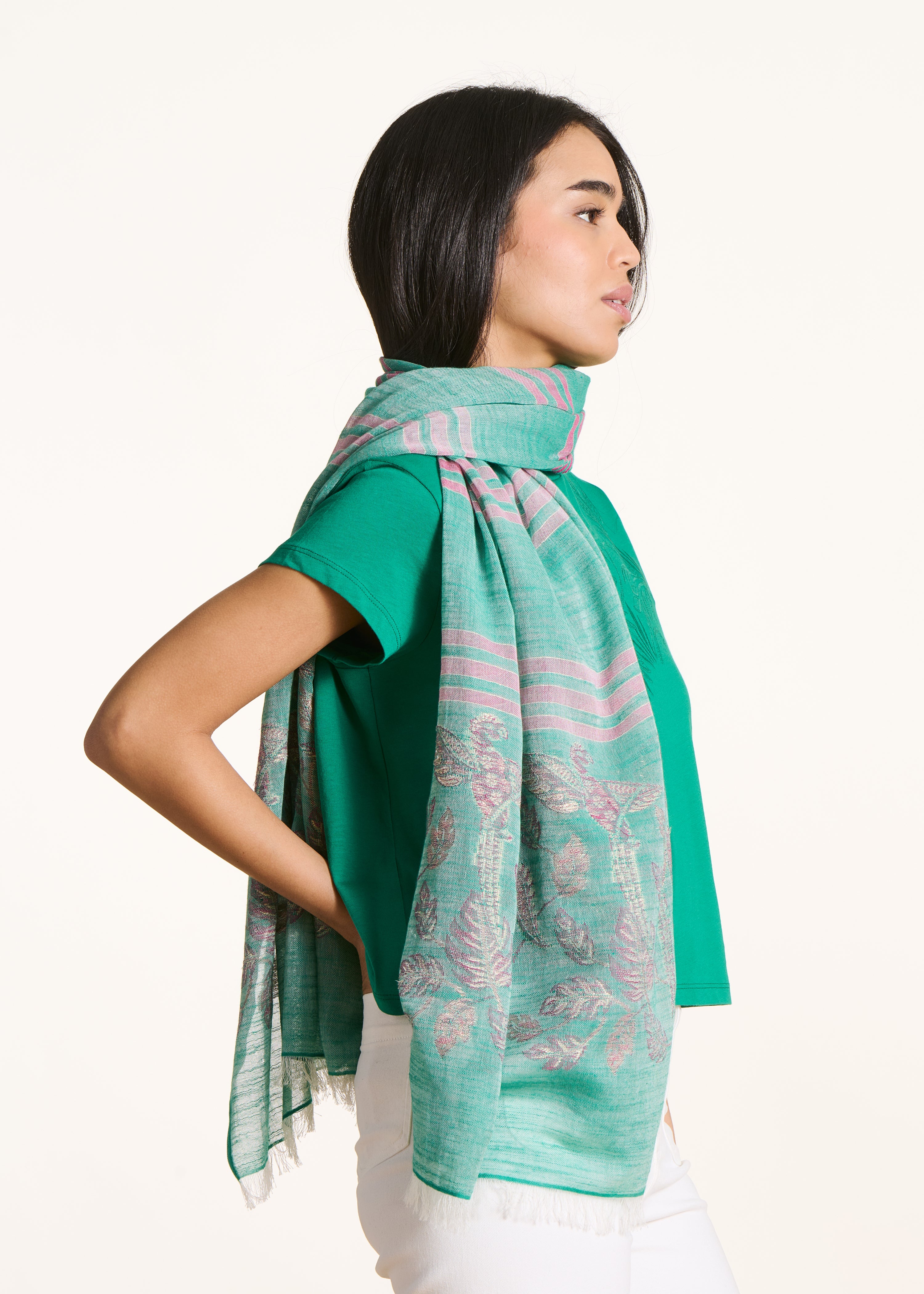 Green scarf with leaf pattern