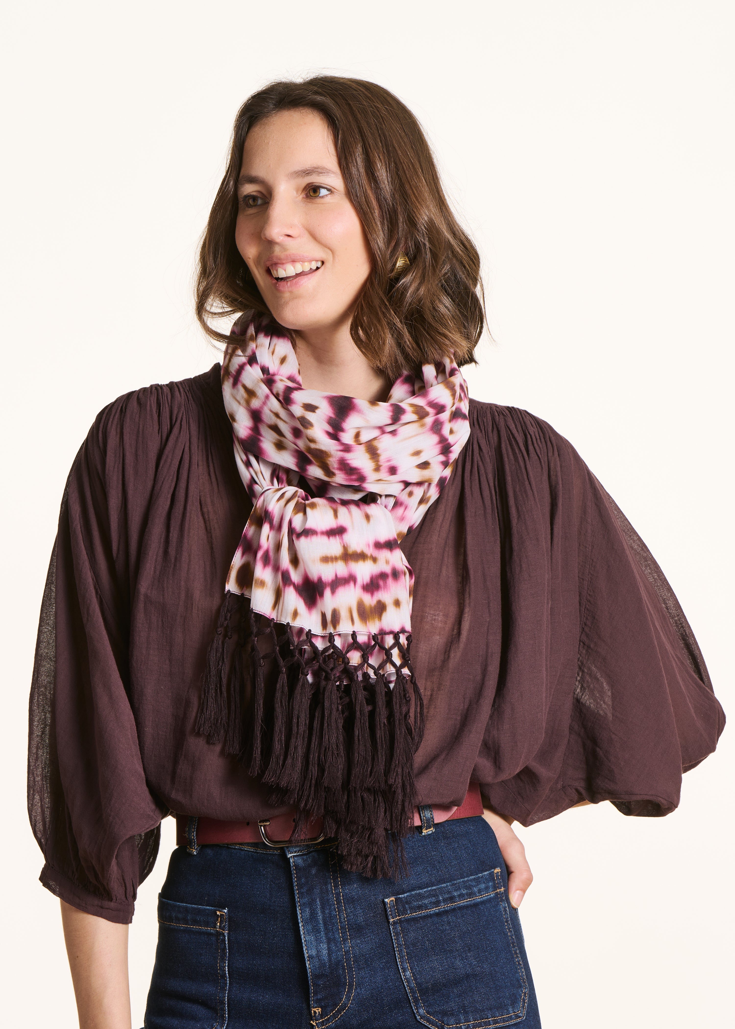 Burgundy tie-dye printed cotton scarf