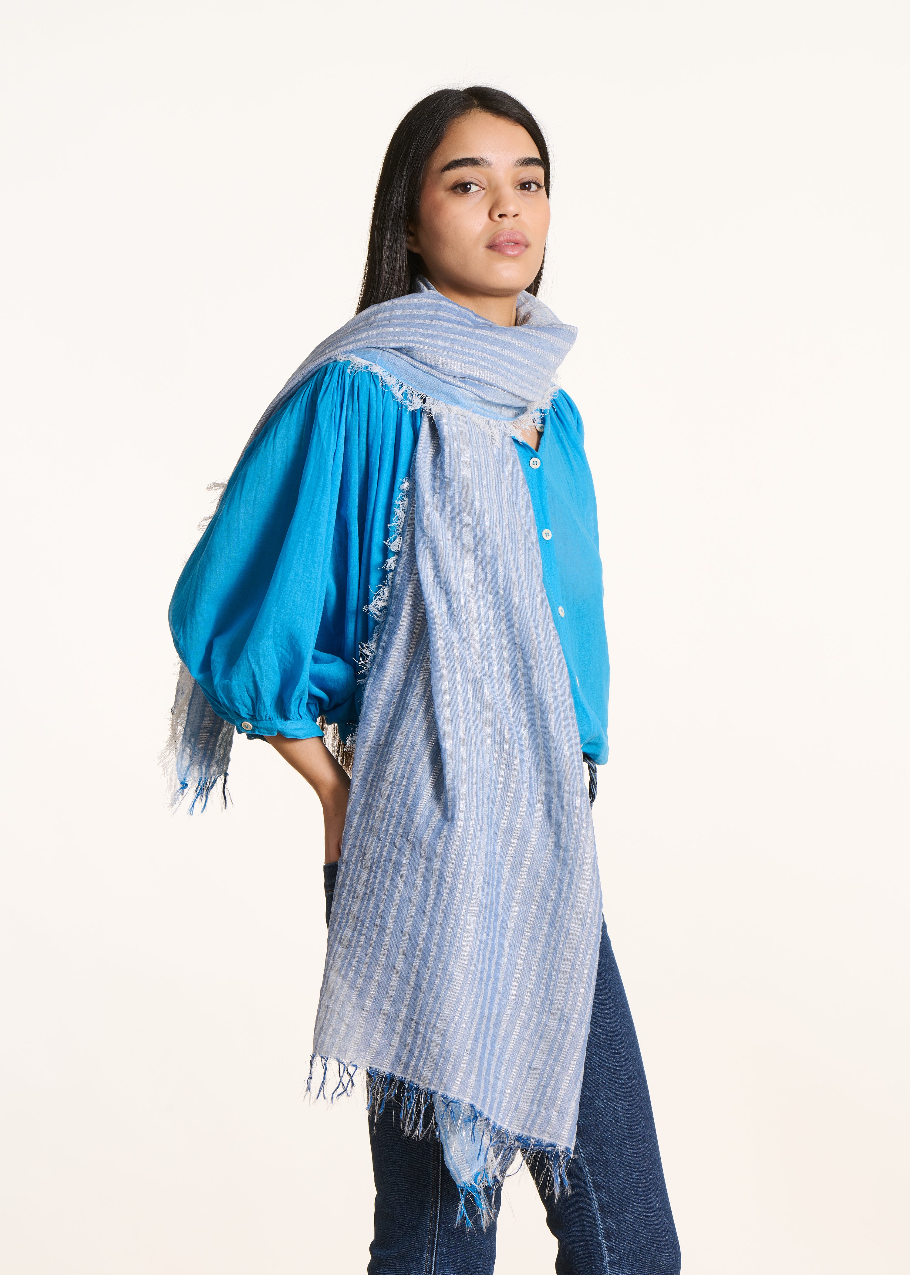 Blue cotton scarf with lurex stripes