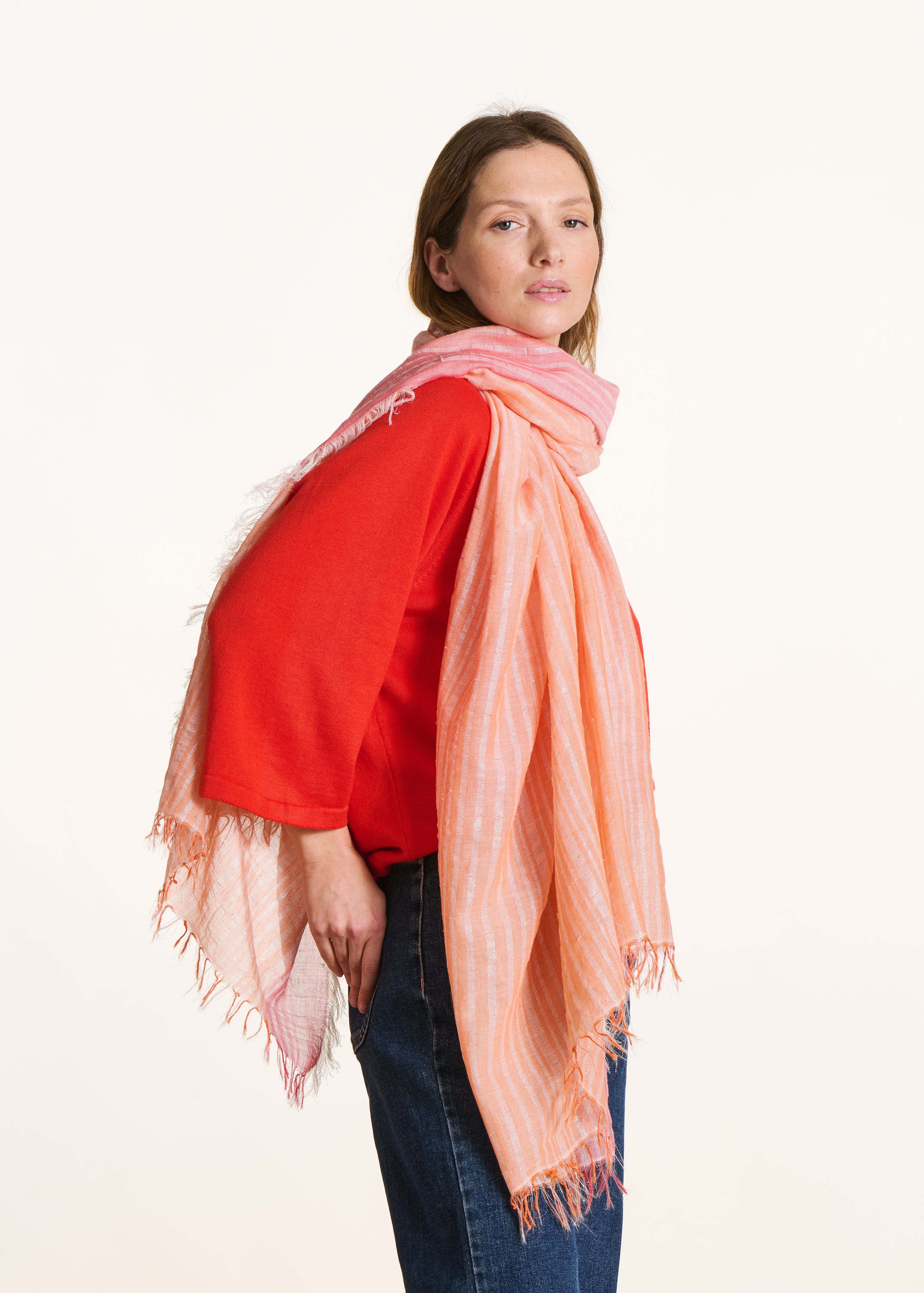 Foulard orange en coton à rayures lurex