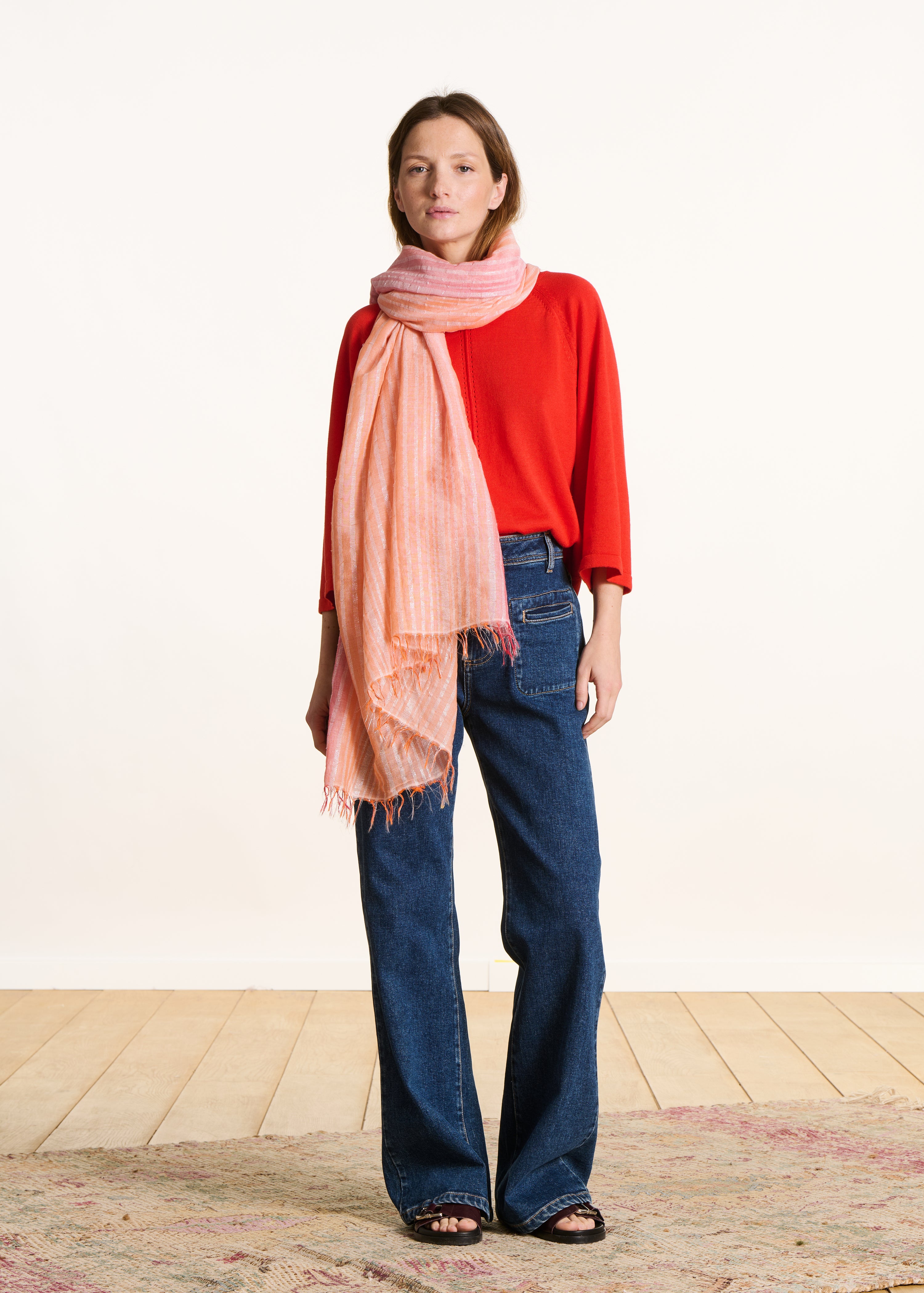 Foulard orange en coton à rayures lurex