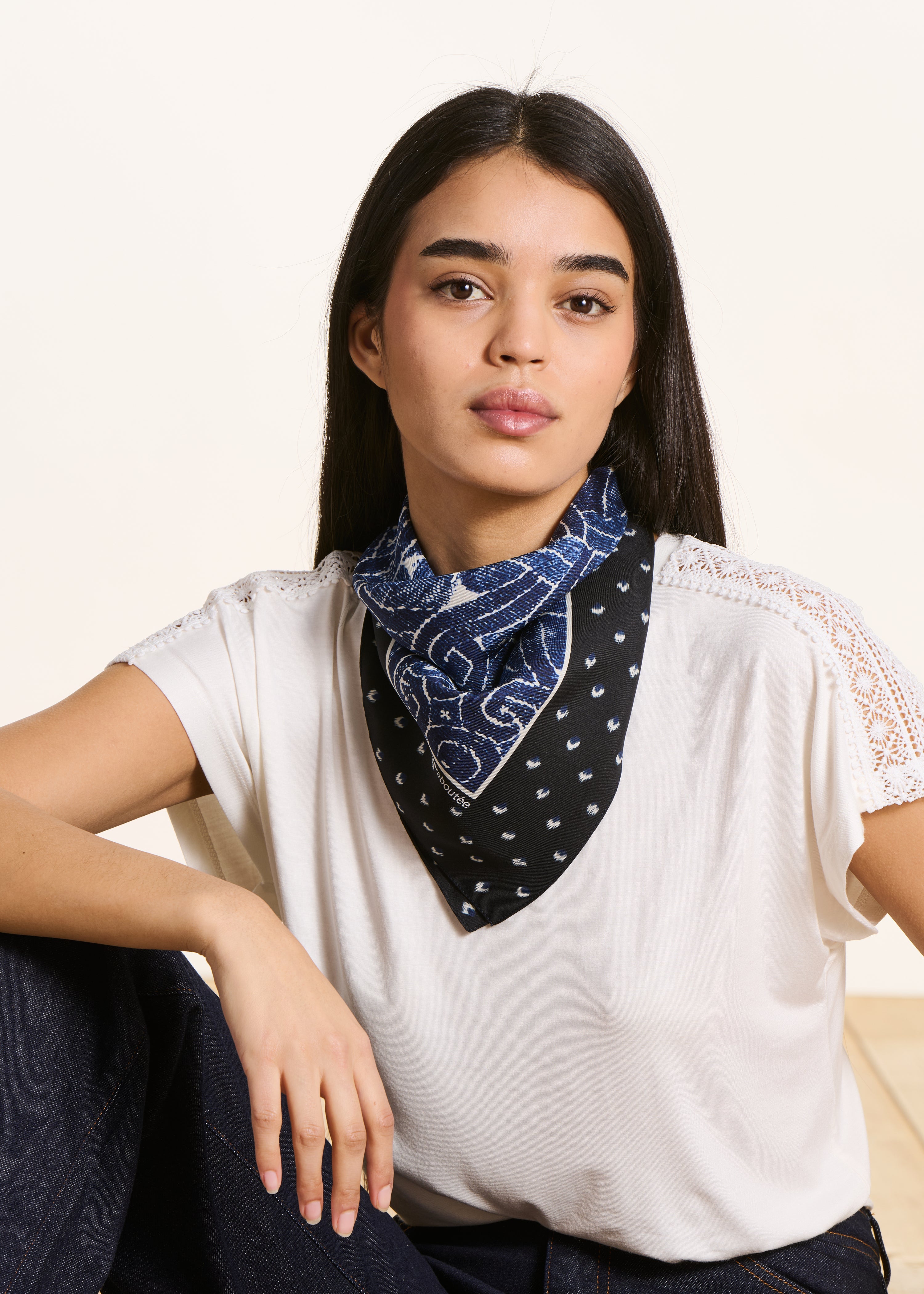 Blue patterned silk square scarf