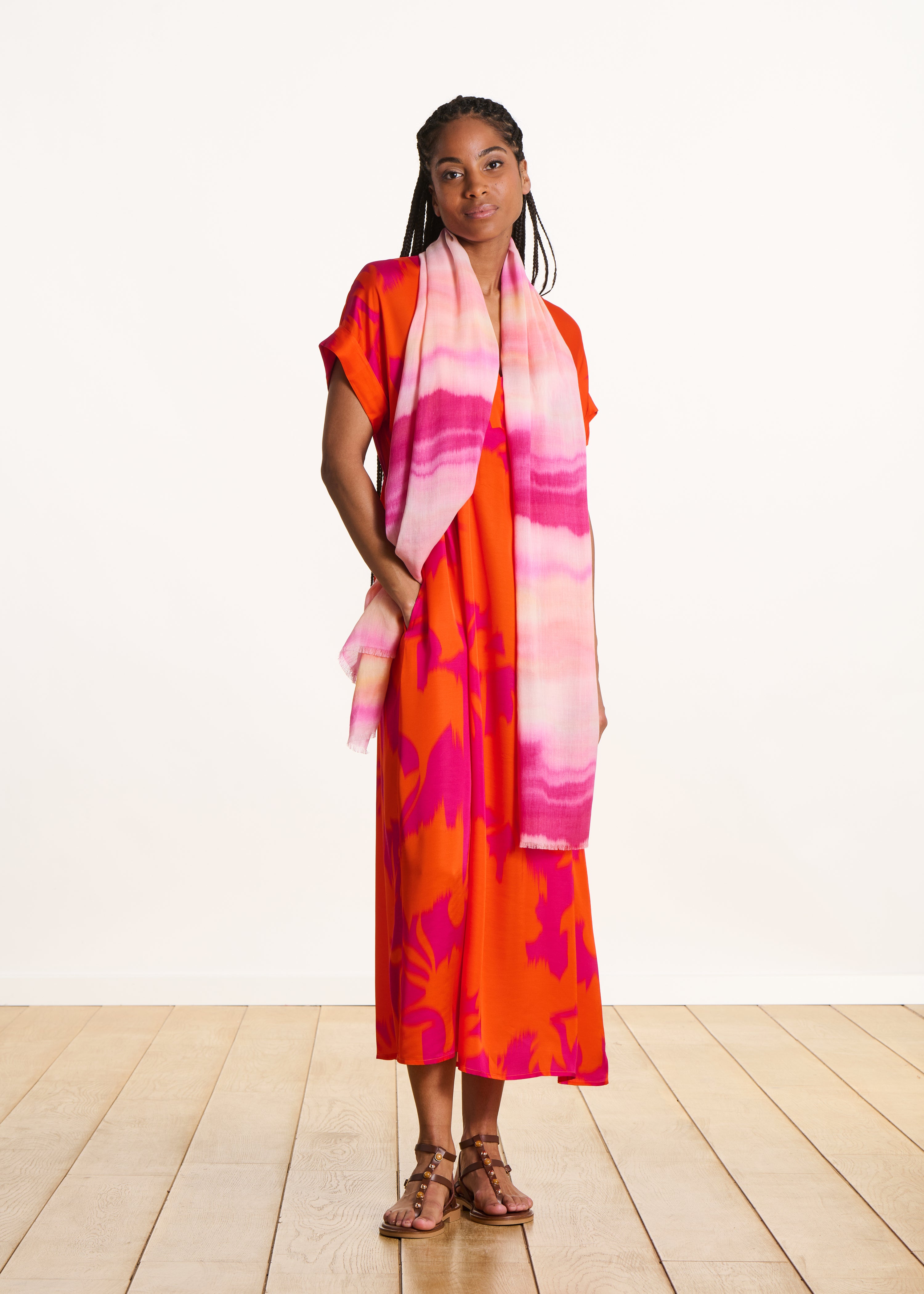 Pink striped tie-dye printed scarf in cotton and modal
