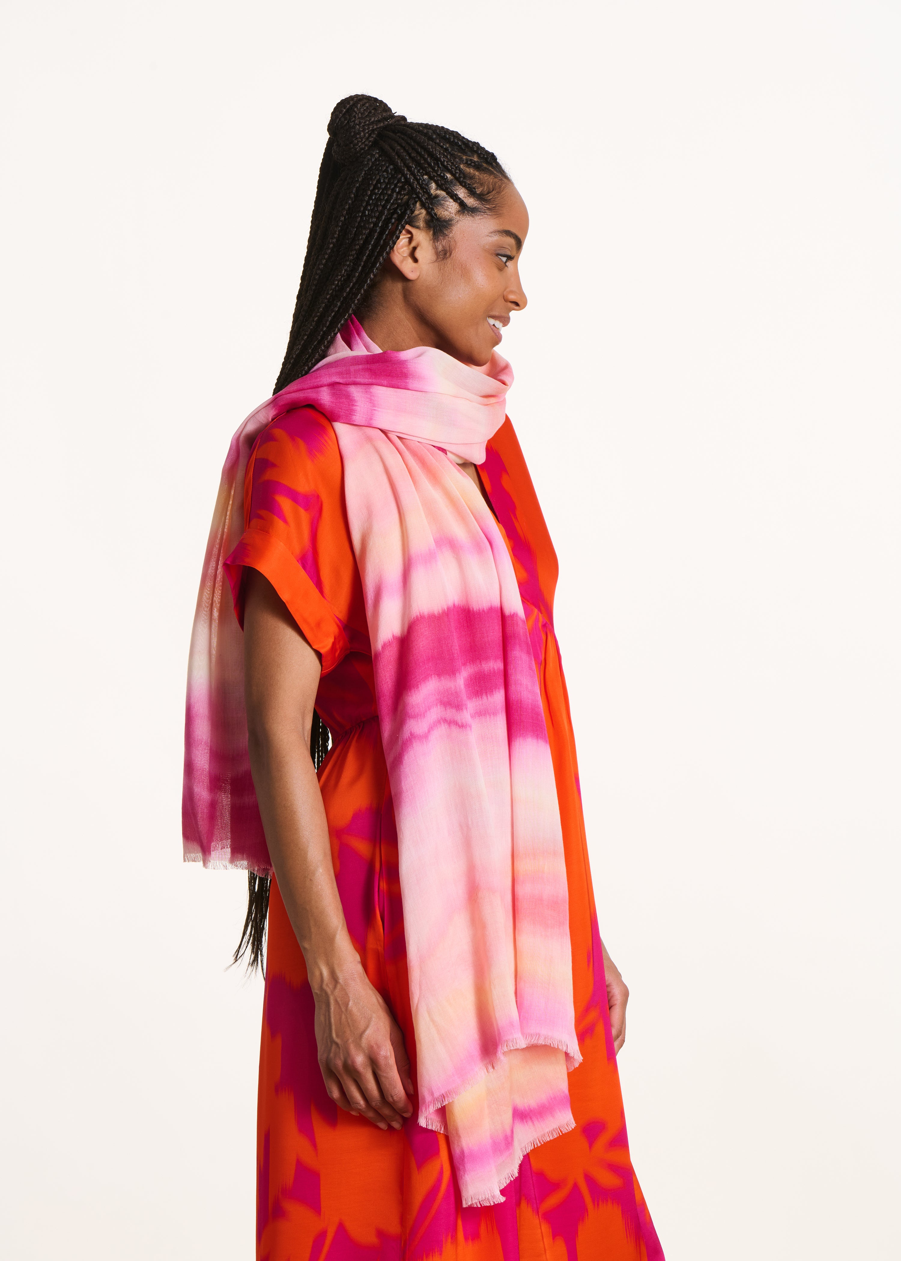 Foulard rosa a righe con stampa tie & dye in cotone e modal
