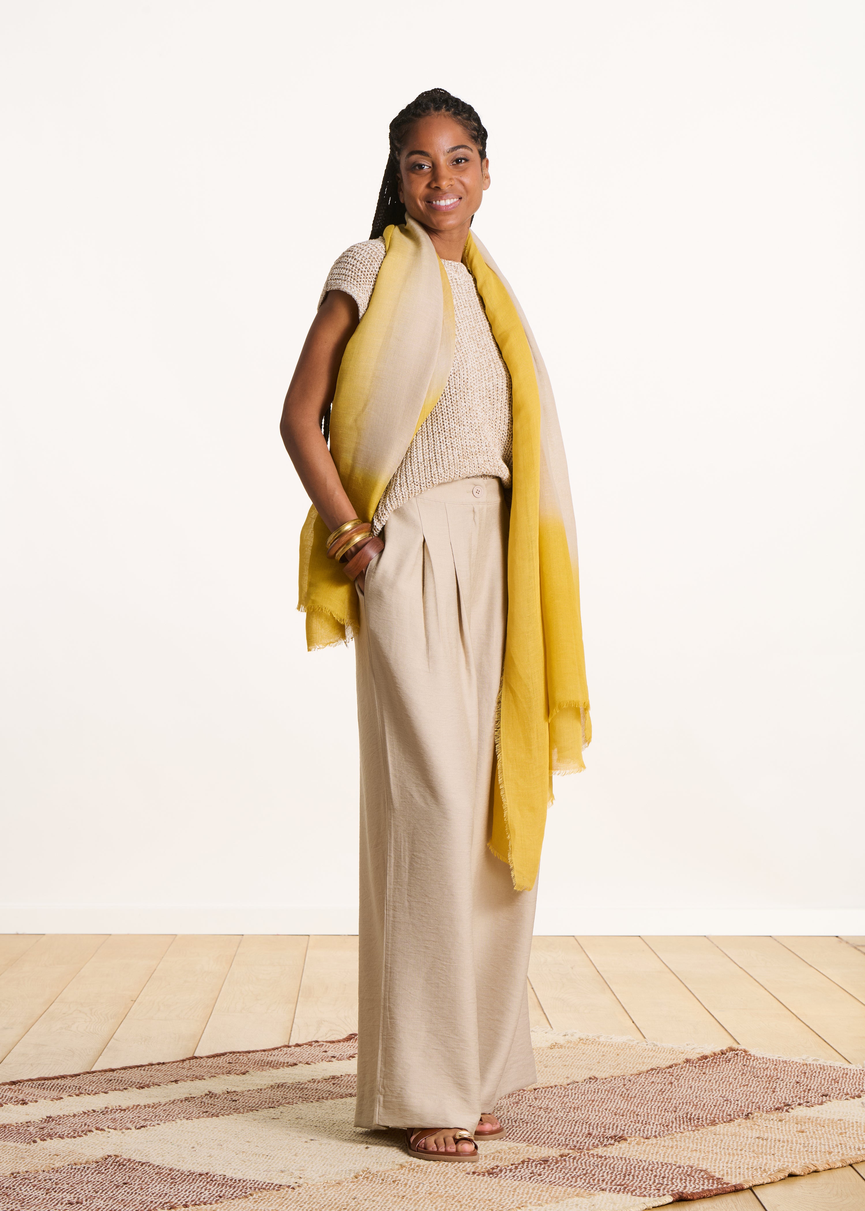 Yellow tie-dye printed scarf in cotton and linen
