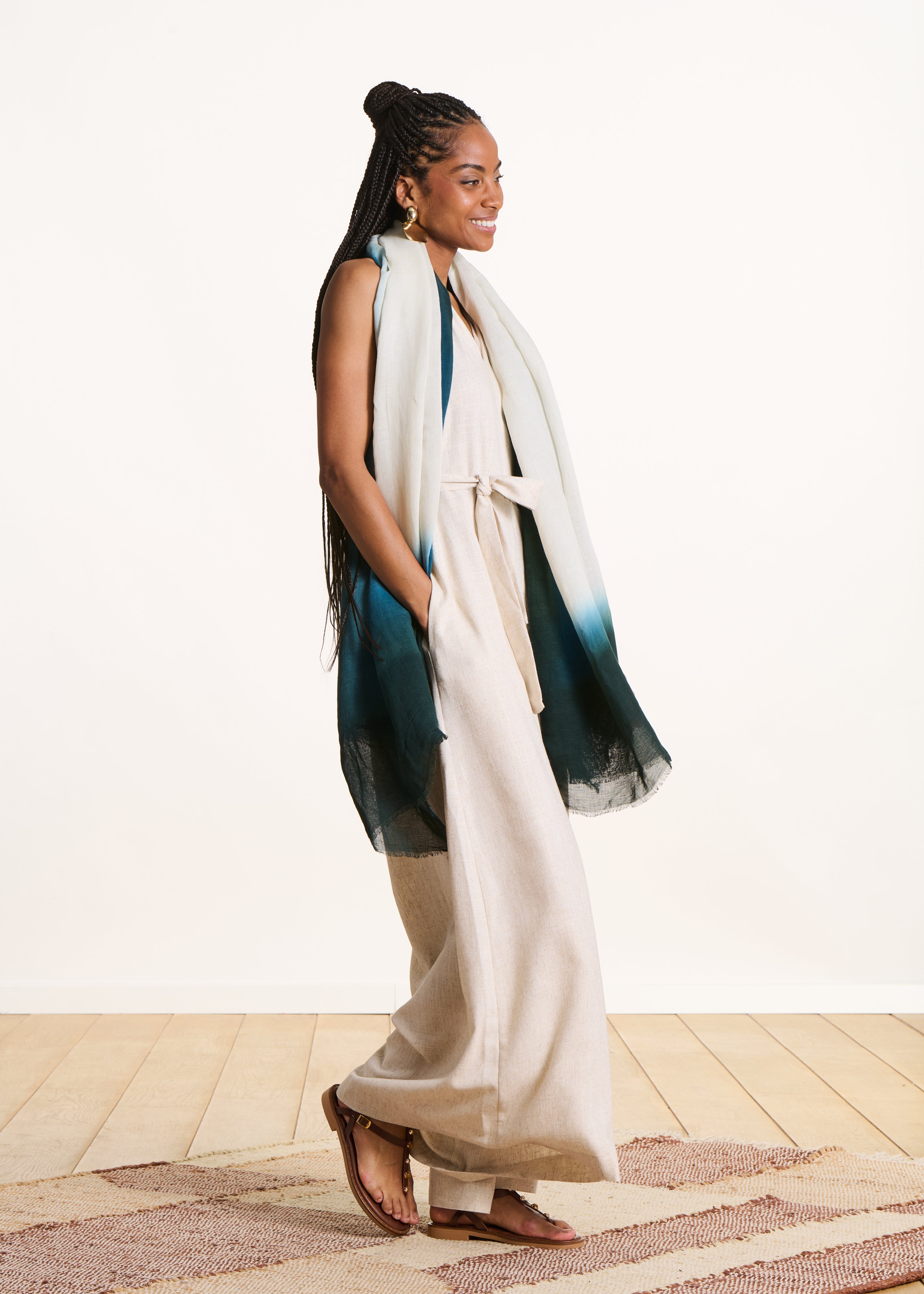 Blaues Tie-Dye-Print Tuch aus Baumwolle und Leinen