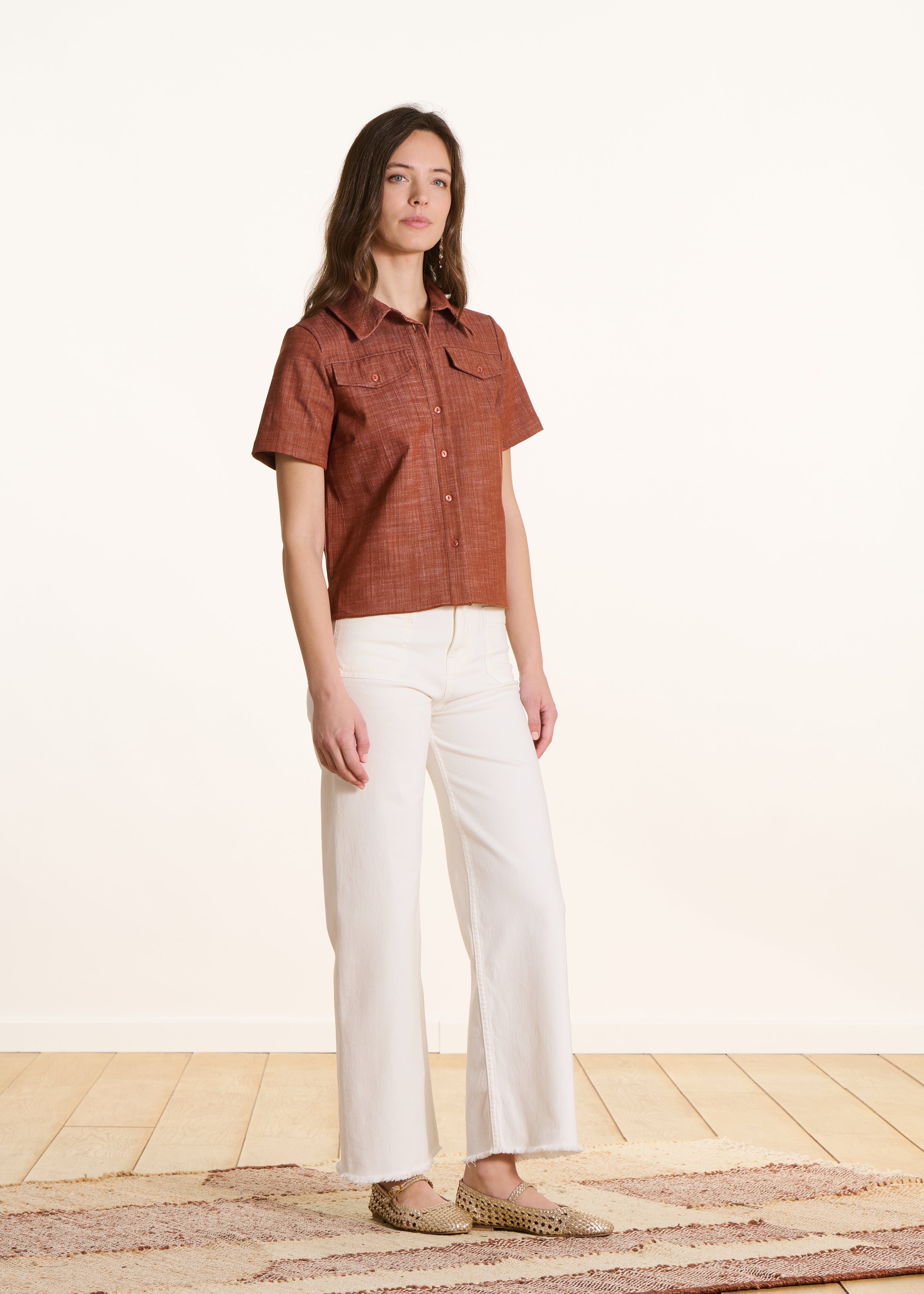 Chemise manches courtes en denim terracotta