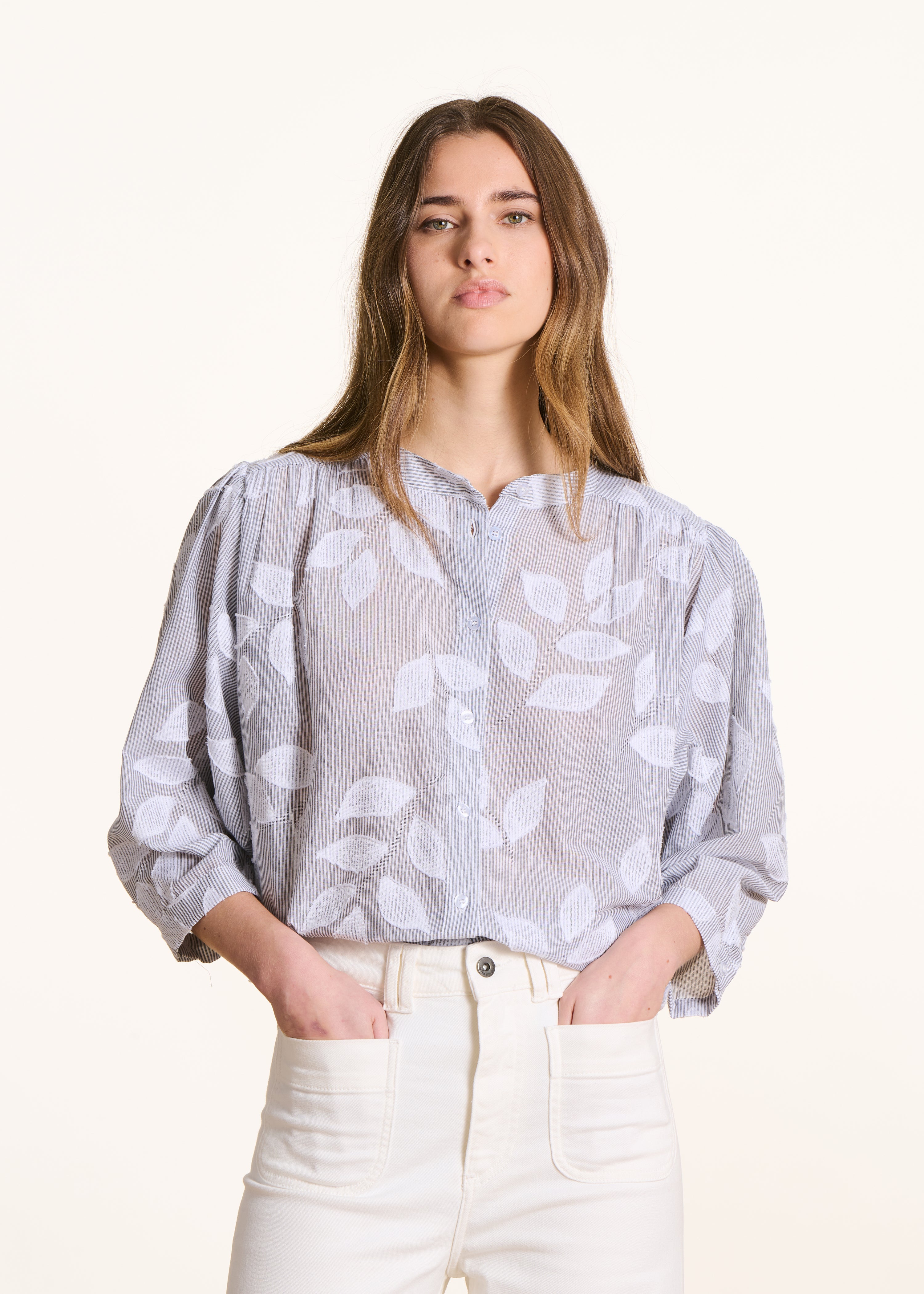 Black floral cotton blouse with 3/4 sleeves