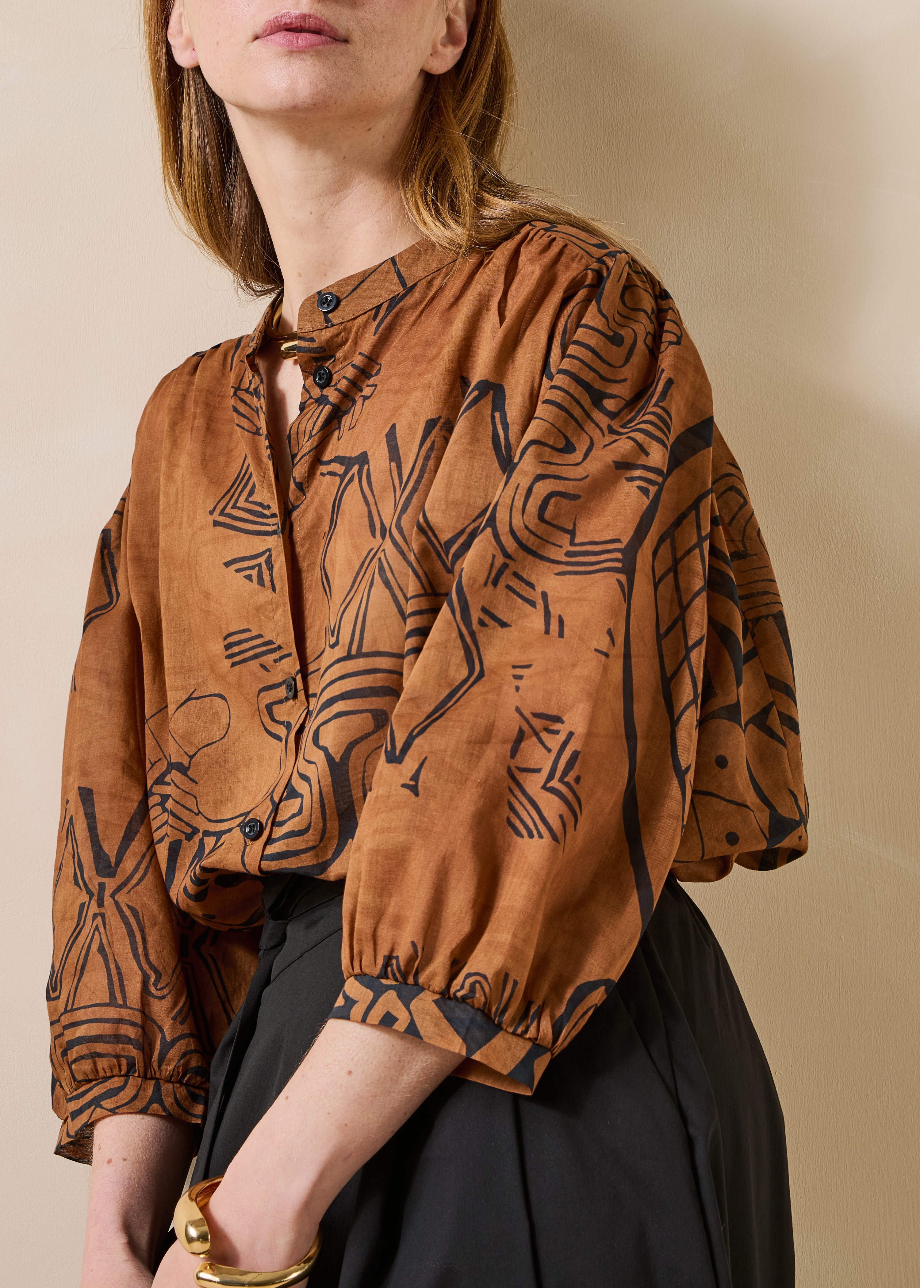 Brown printed cotton voile blouse