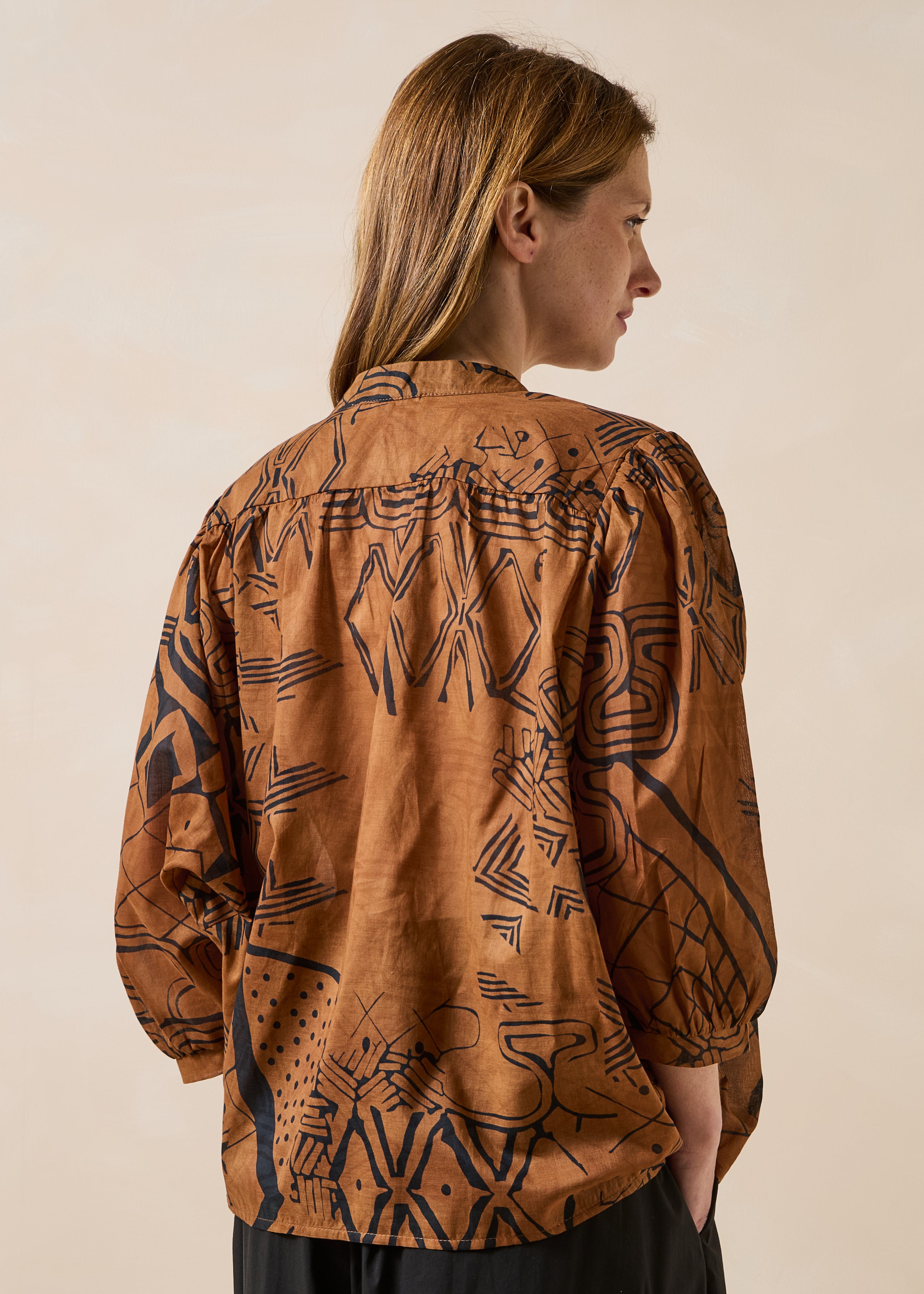 Brown printed cotton voile blouse