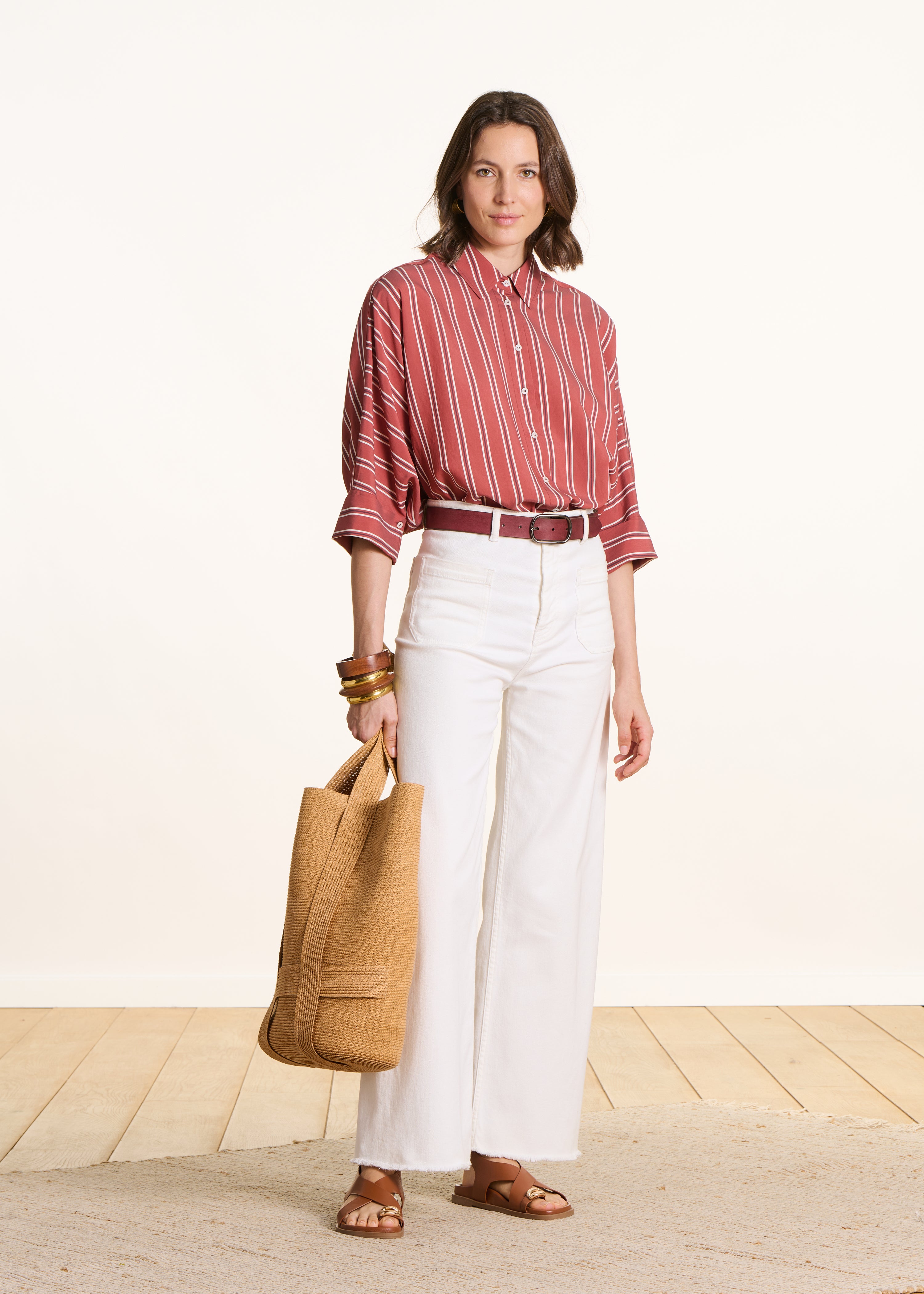 Chemise oversize rayée rouge en popeline