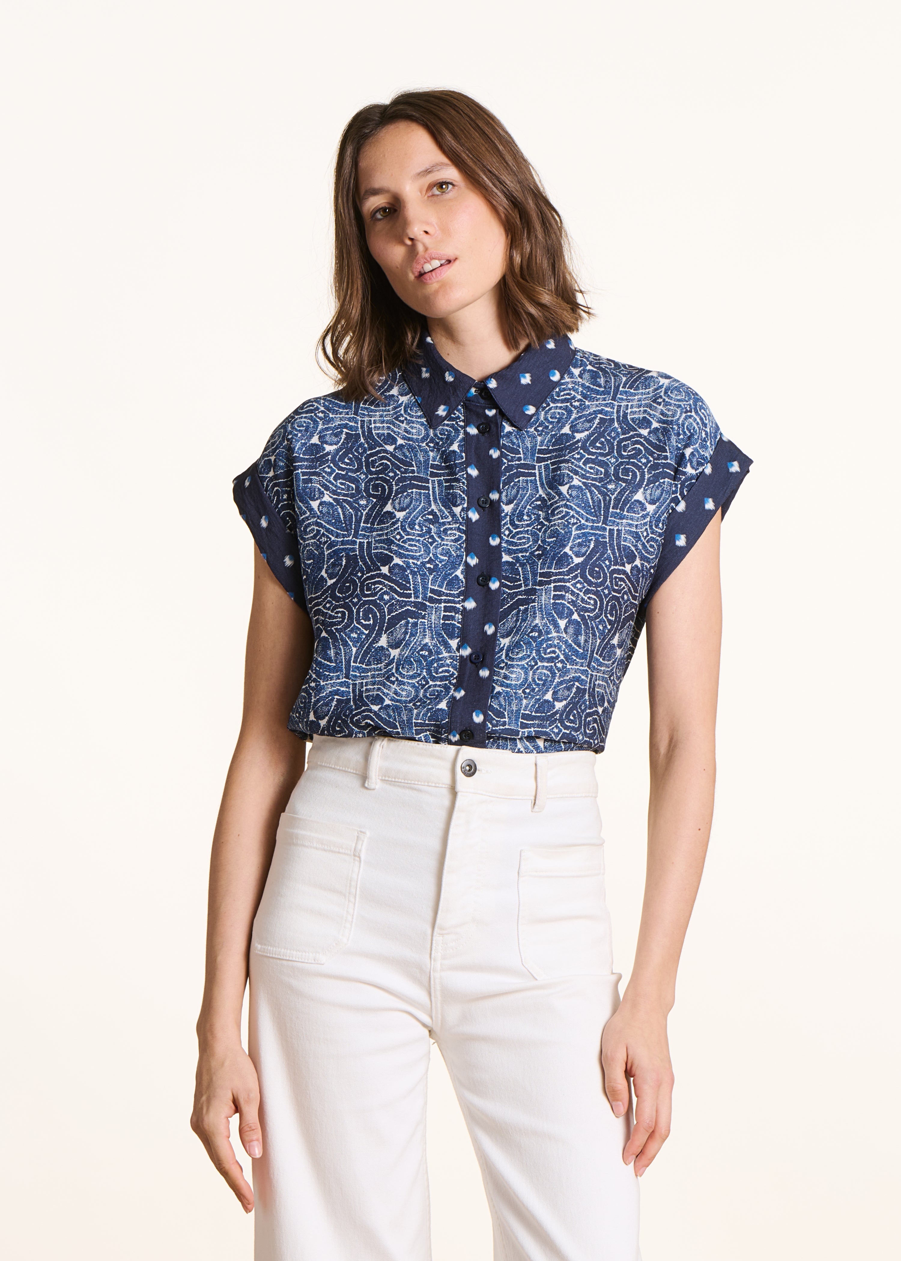 Blue short-sleeve shirt with printed patchwork