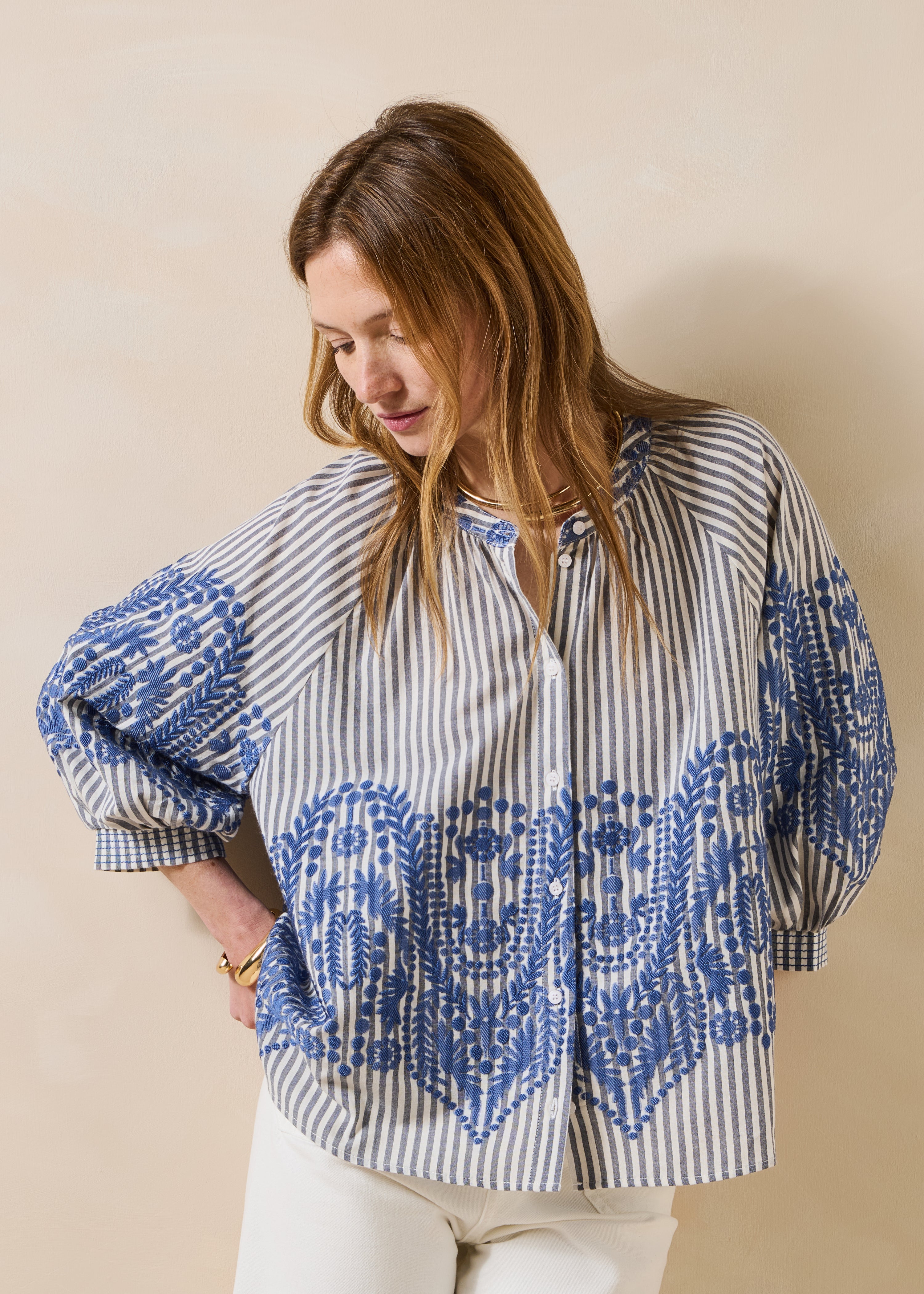Chemise ample bleu marine à rayures et motif jacquard