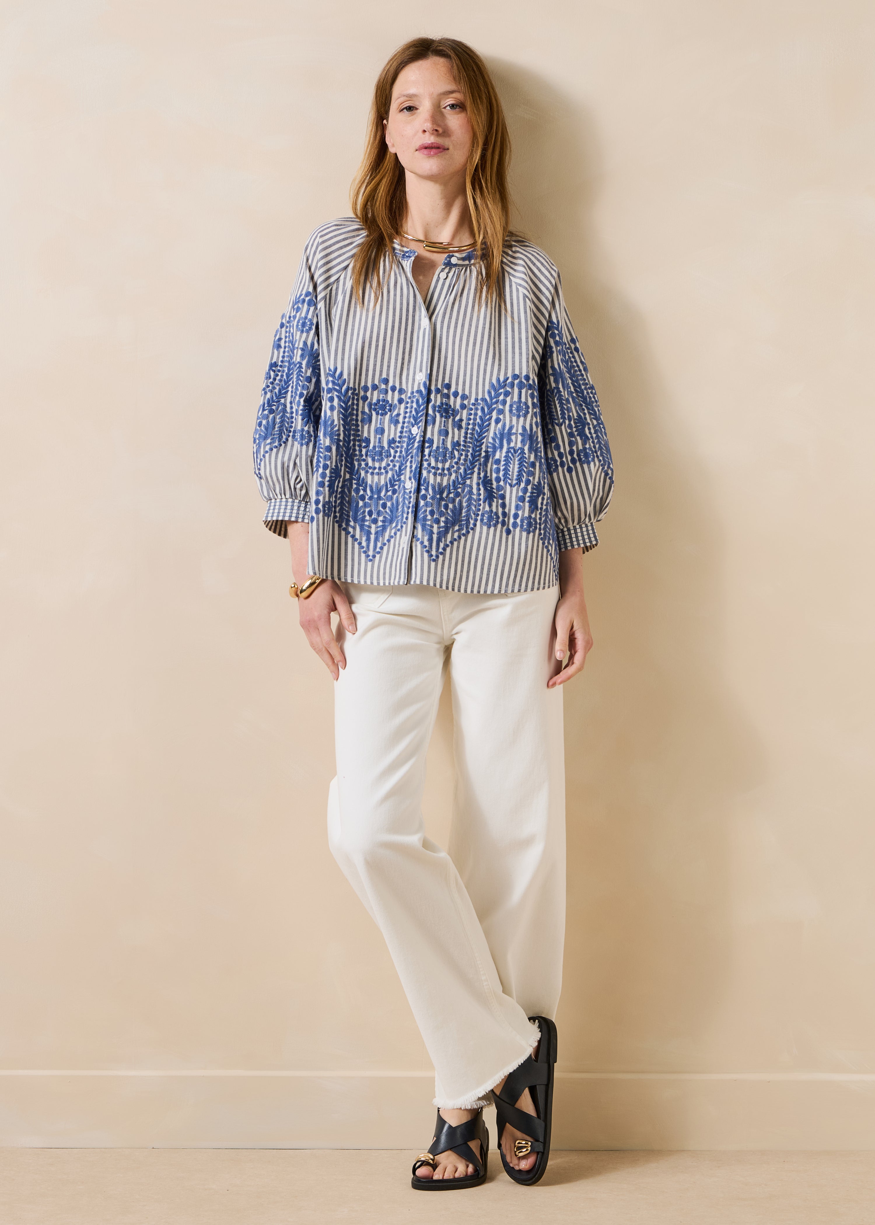 Chemise ample bleu marine à rayures et motif jacquard