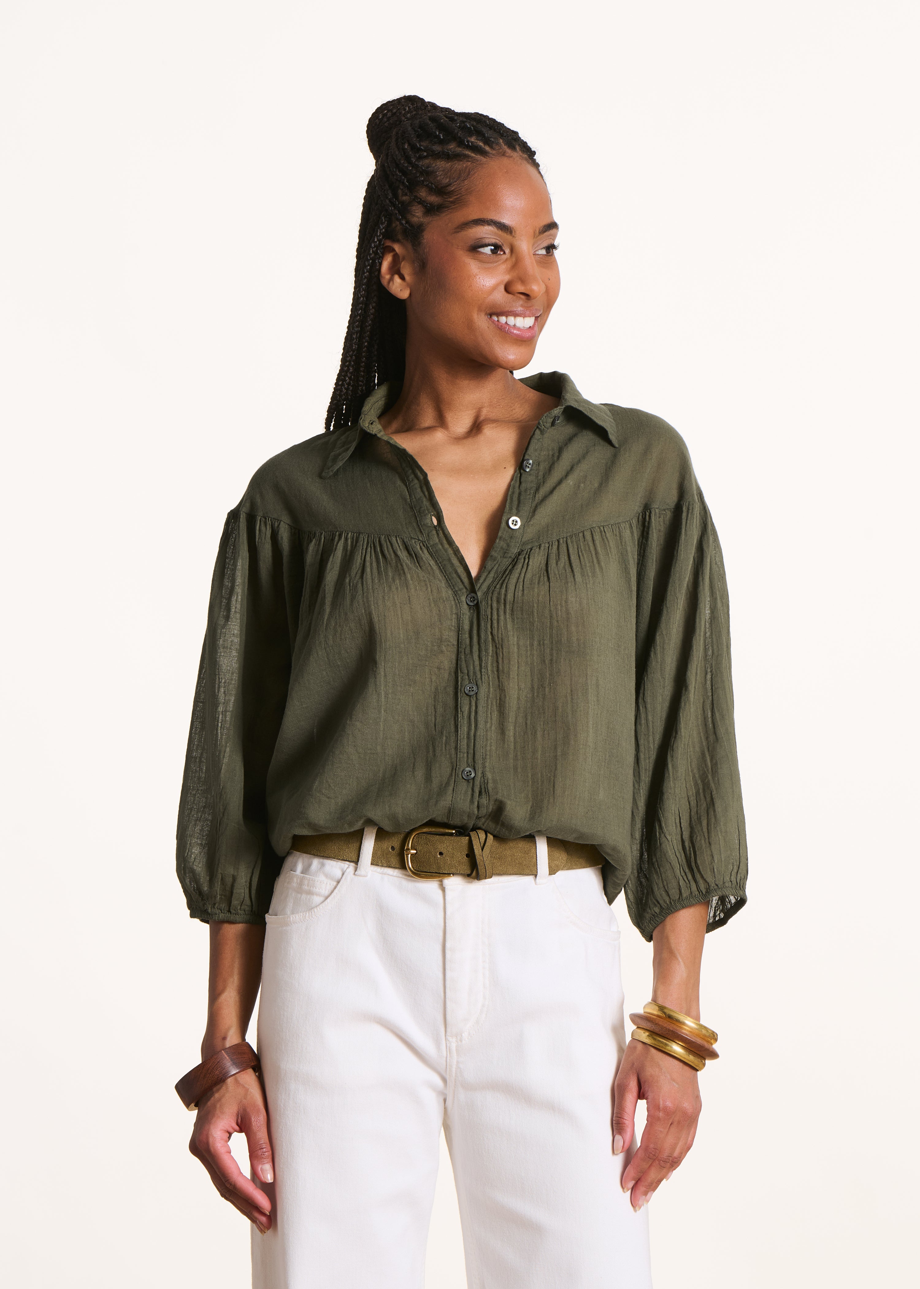 Oversized shirt in khaki cotton voile