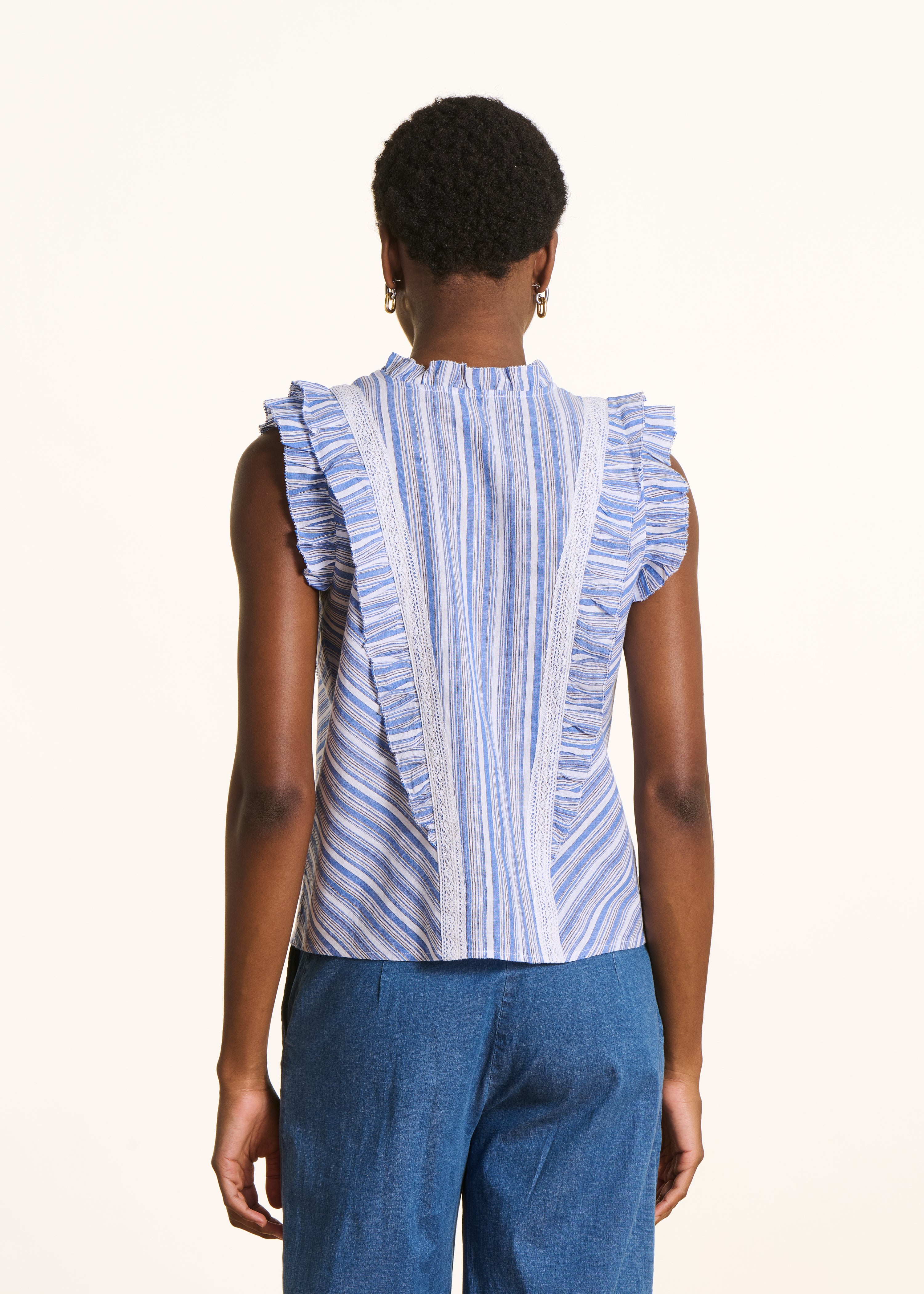 Blue striped sleeveless ruffle shirt