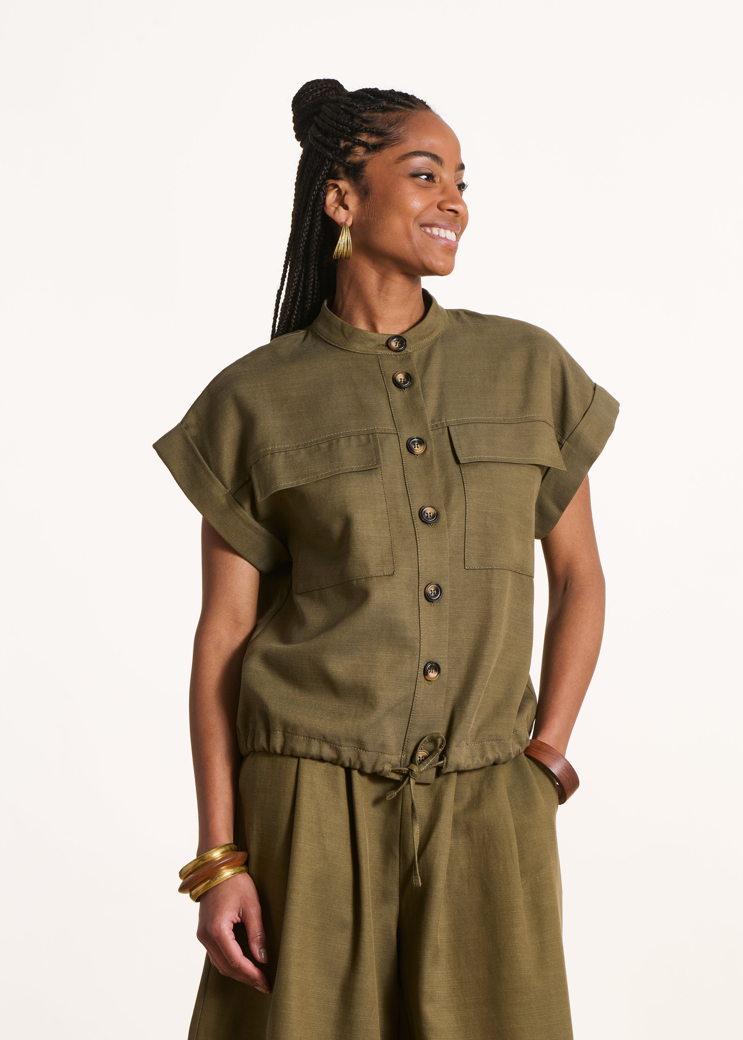 Kaki fluid short-sleeve blouse