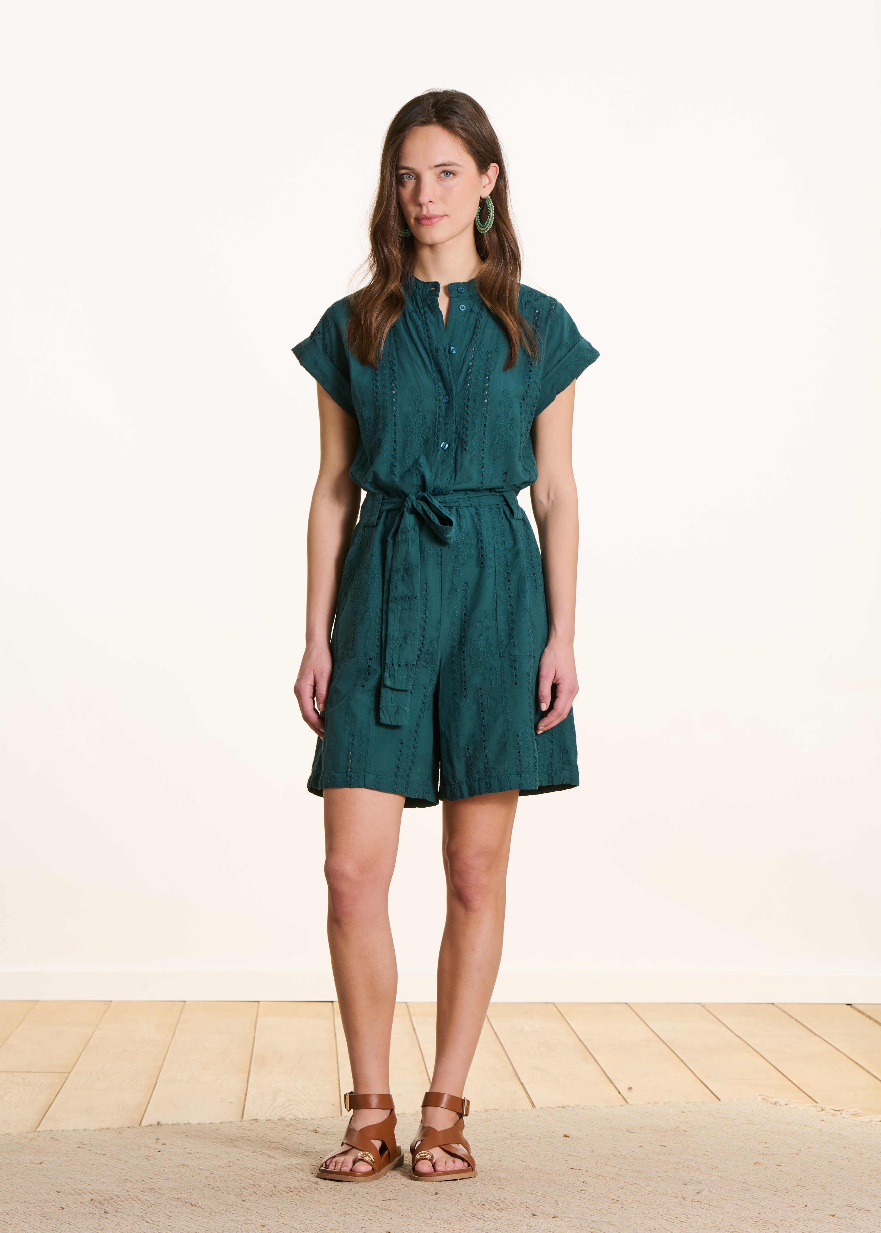 Dark green embroidered cotton playsuit