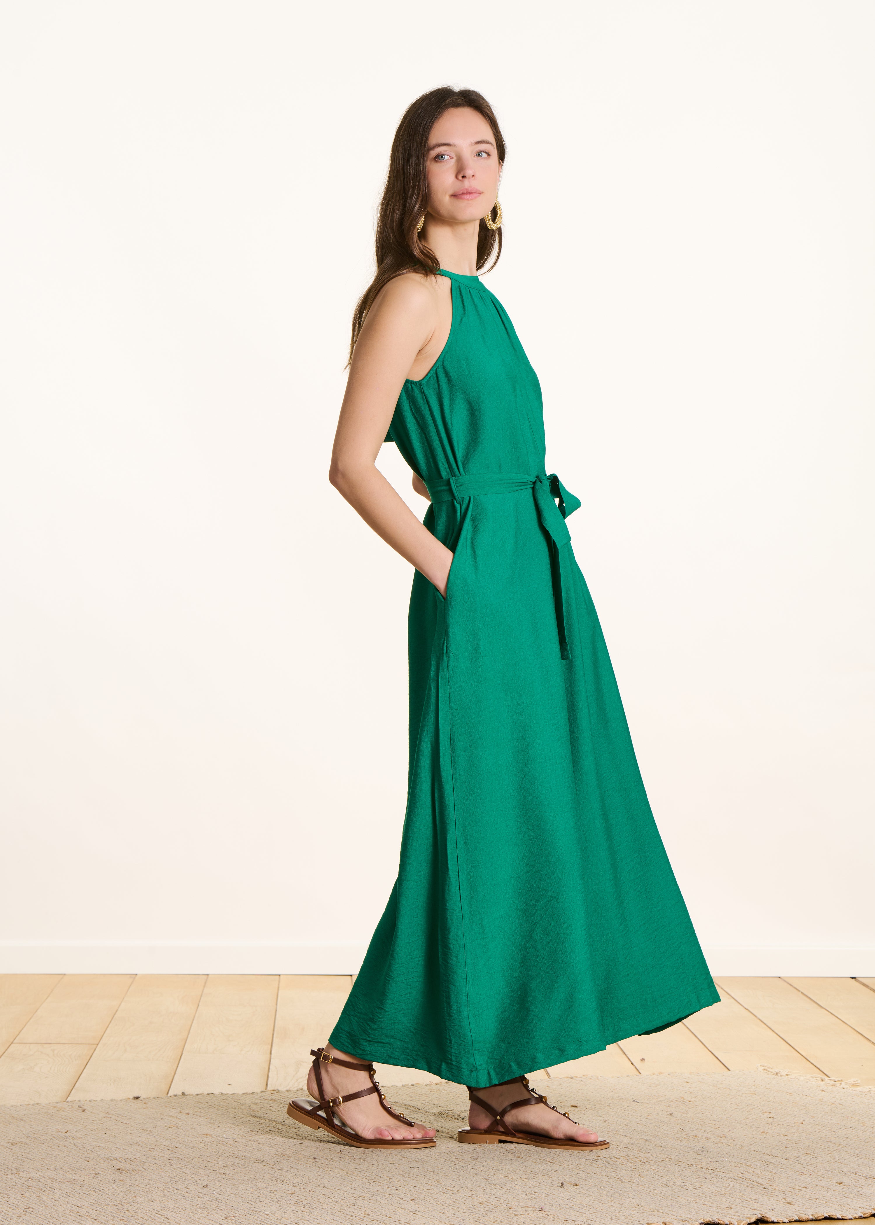 Combinaison longue fluide verte en jacquard