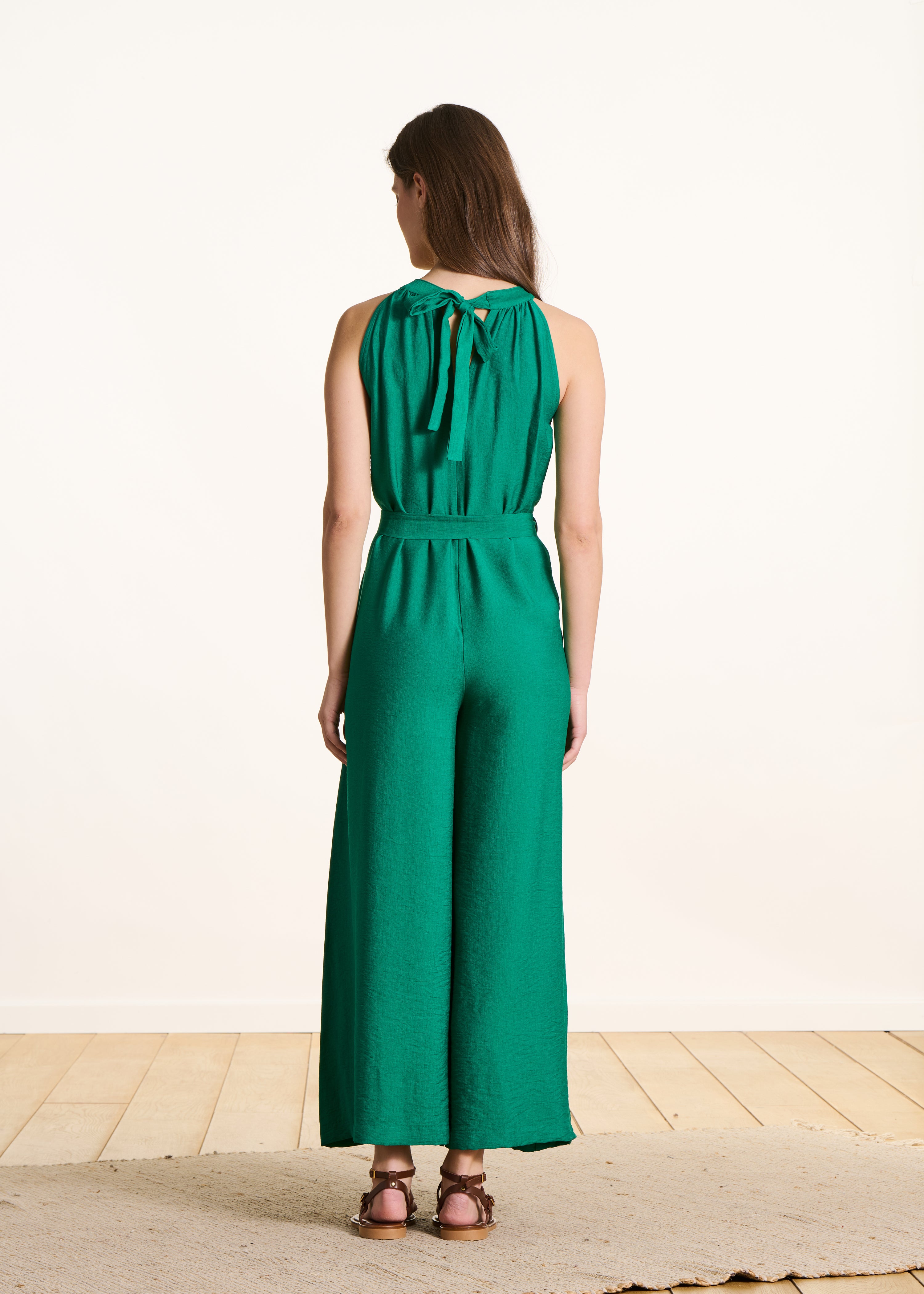 Combinaison longue fluide verte en jacquard