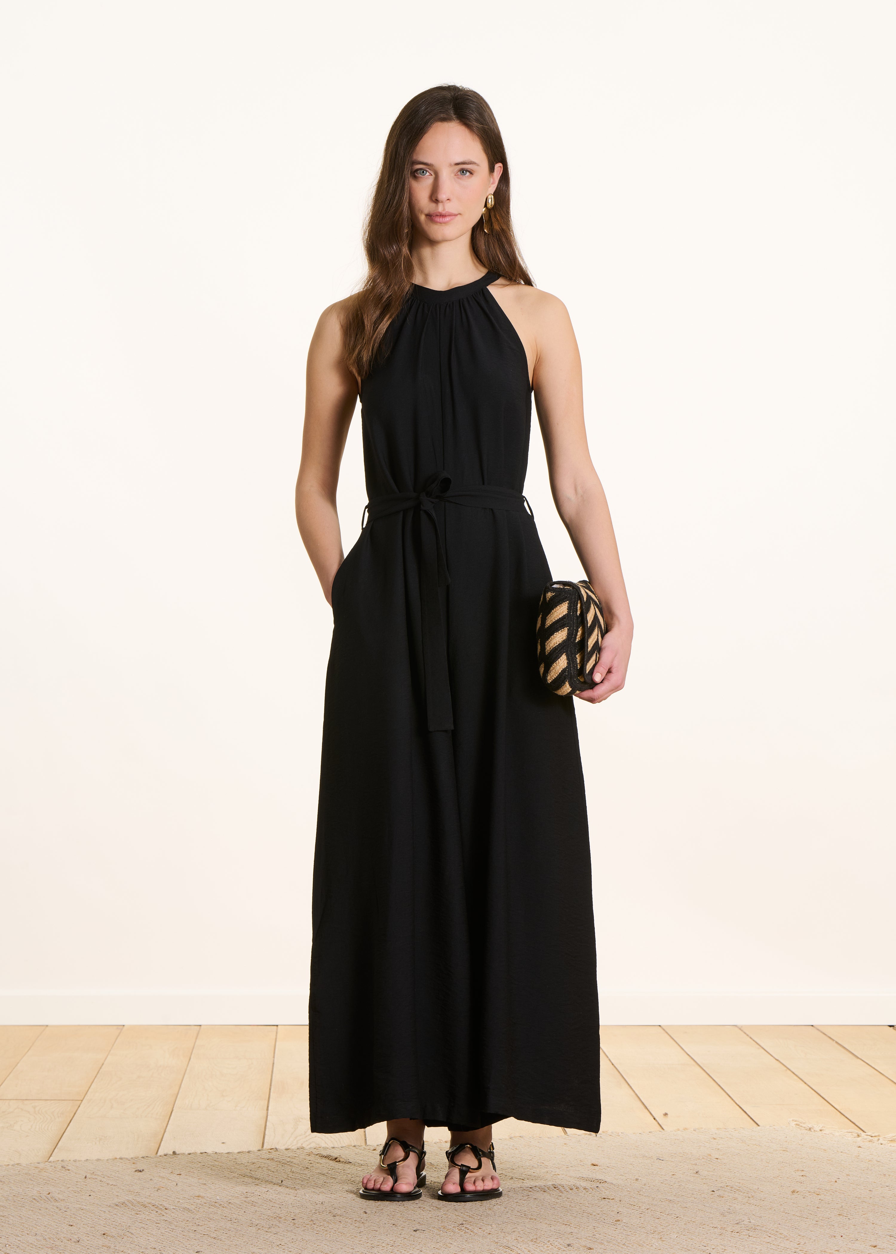 Black Fluid Long Jumpsuit in Jacquard