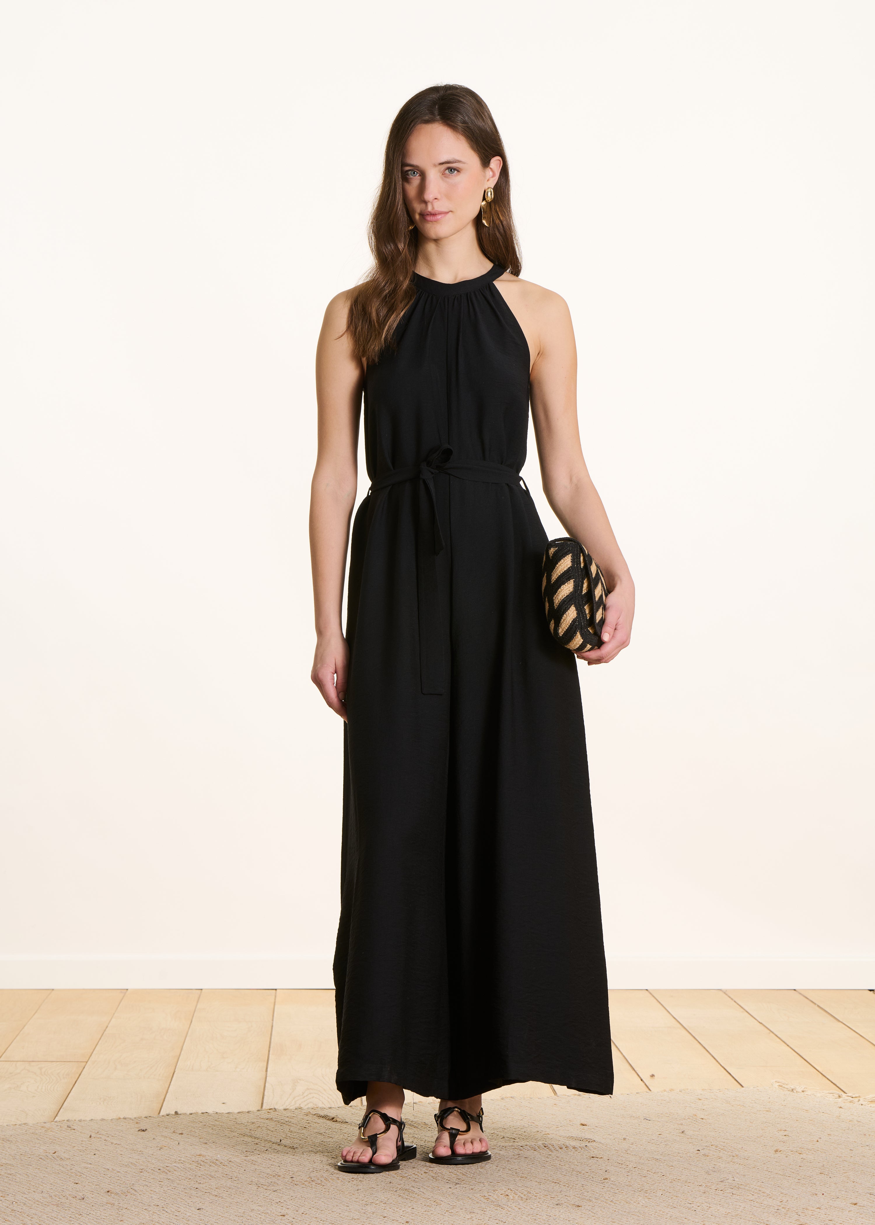 Tuta lunga fluida nera in jacquard