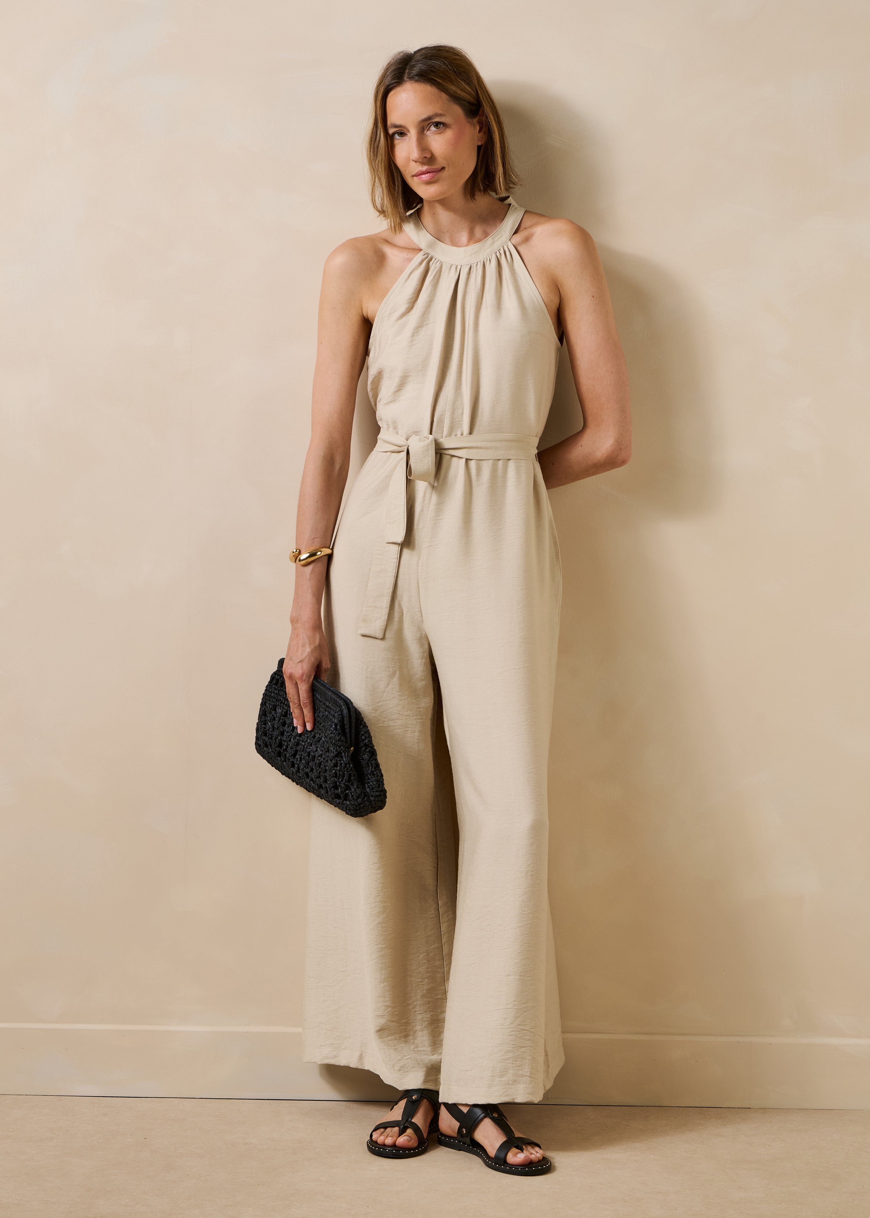 Fließender langer Jumpsuit in Jacquard, naturfarben