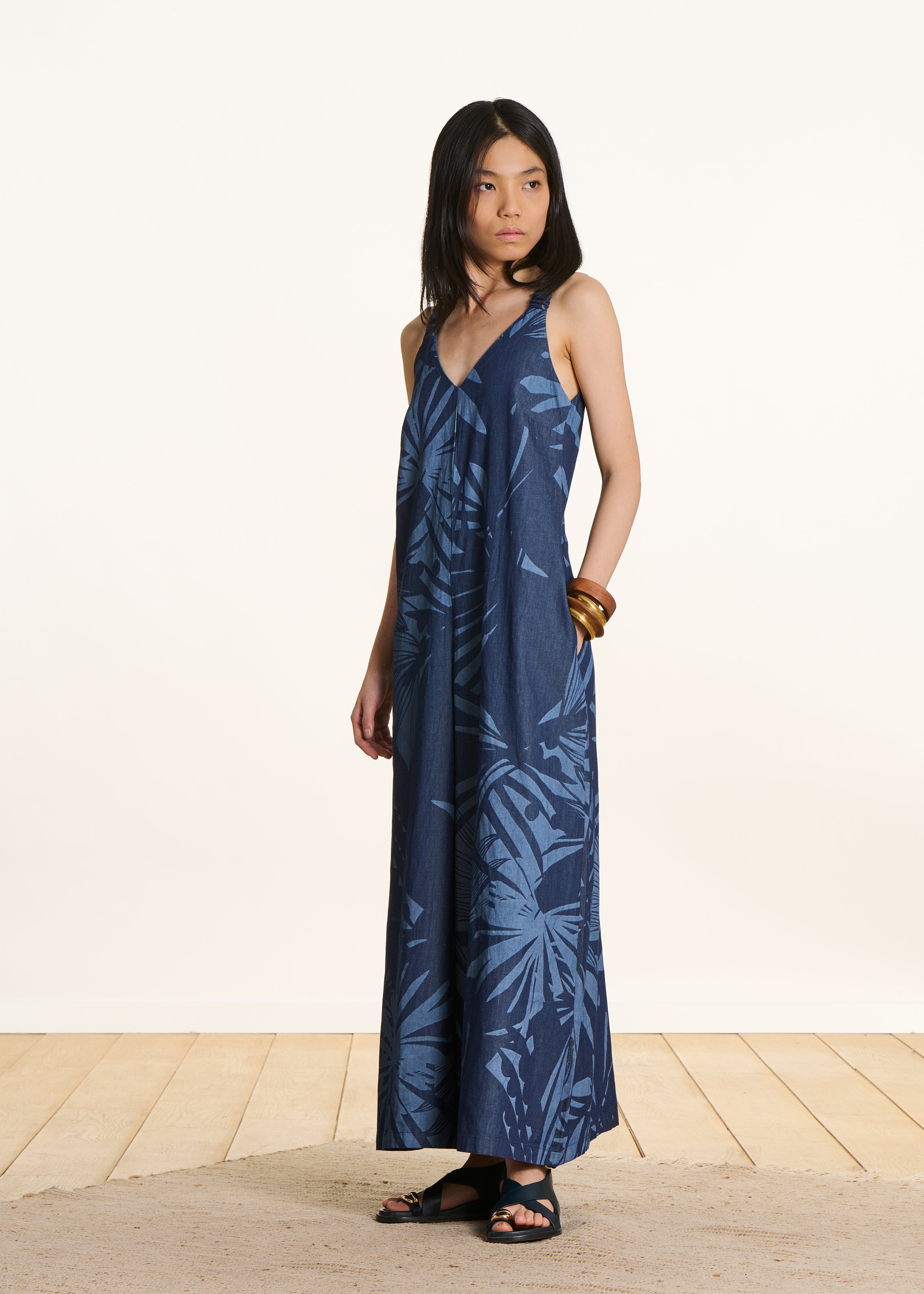 Navy blue cotton printed strap jumpsuit