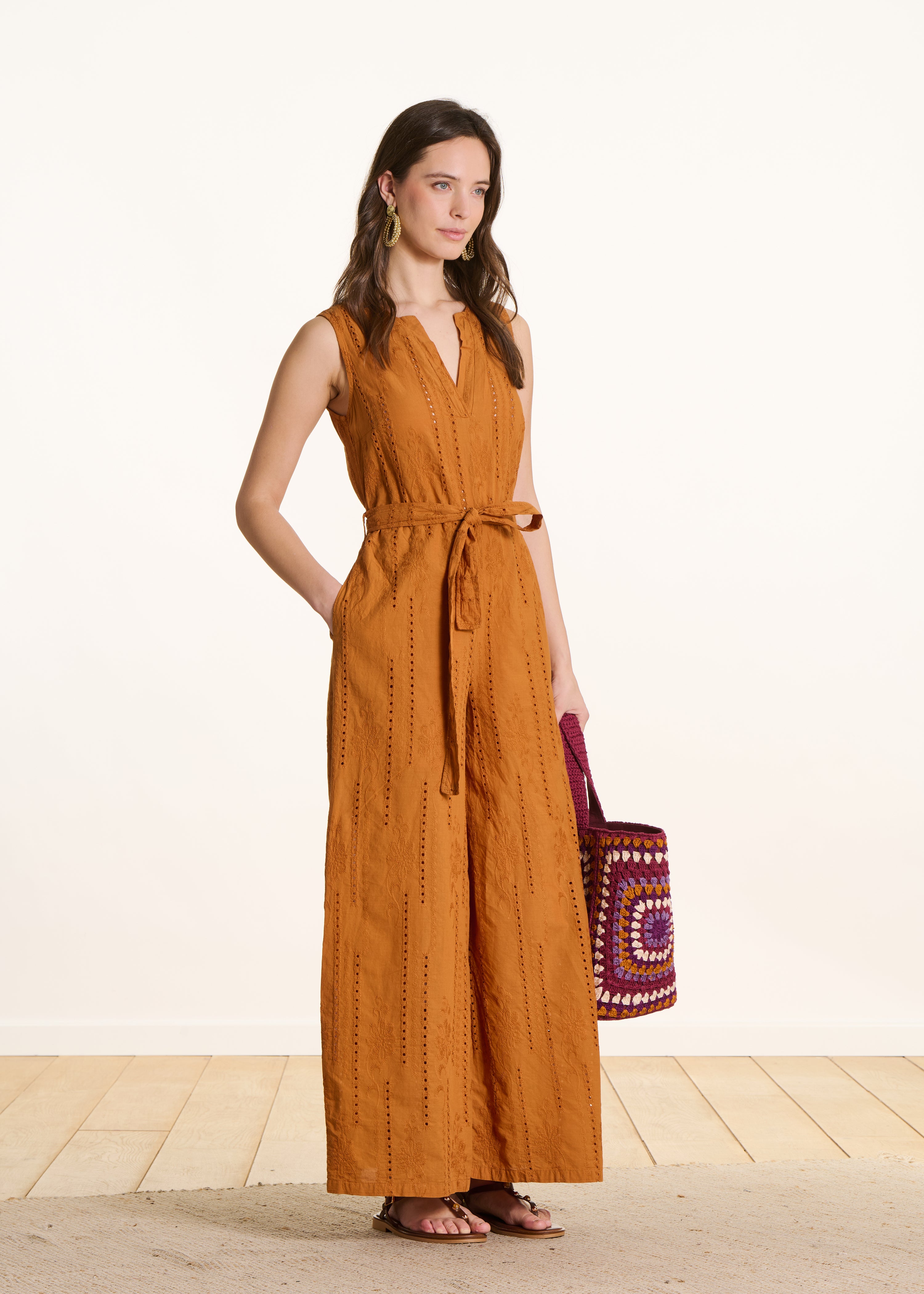 Ochre jumpsuit in eyelet embroidery