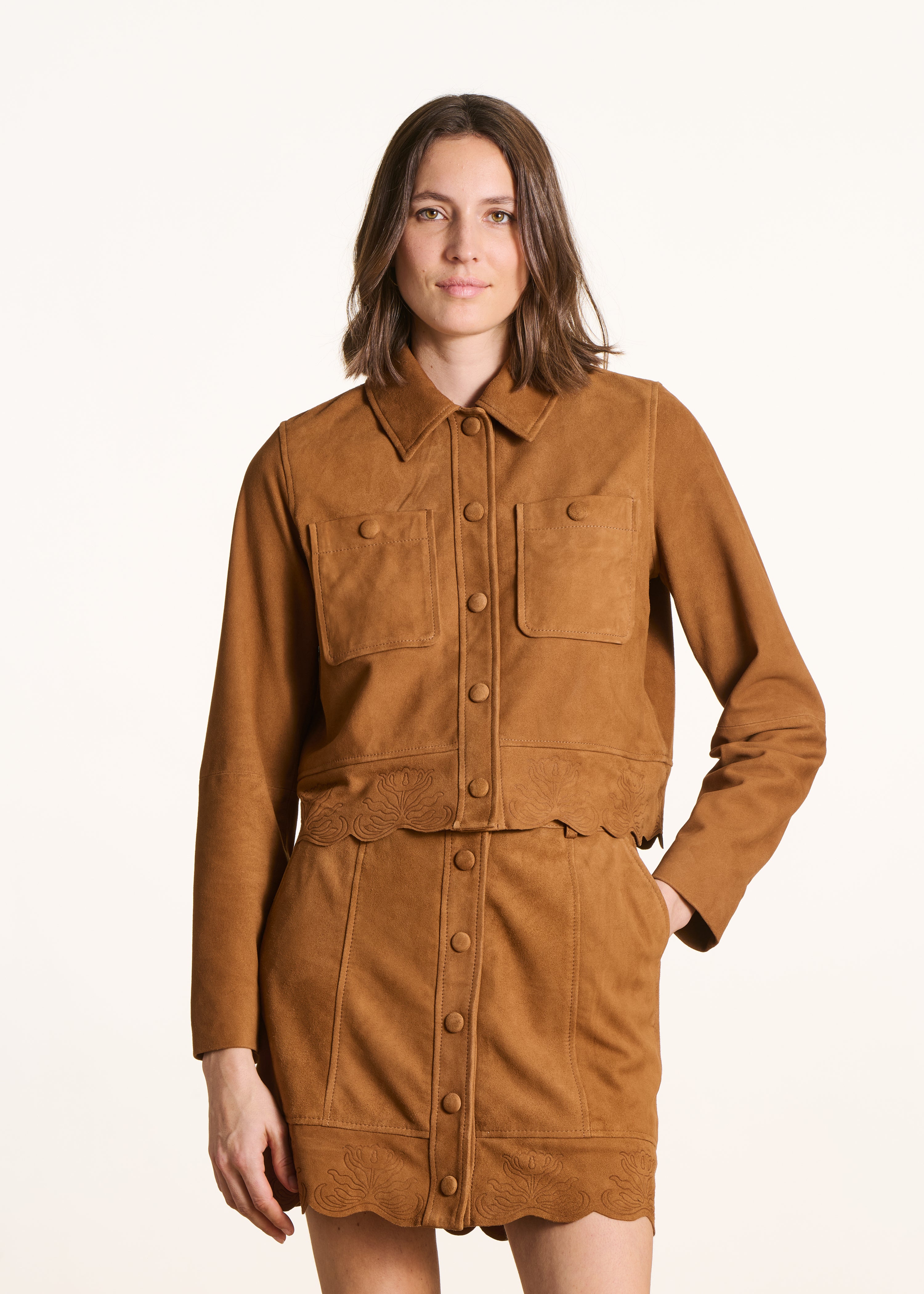Short camel suede-effect leather jacket