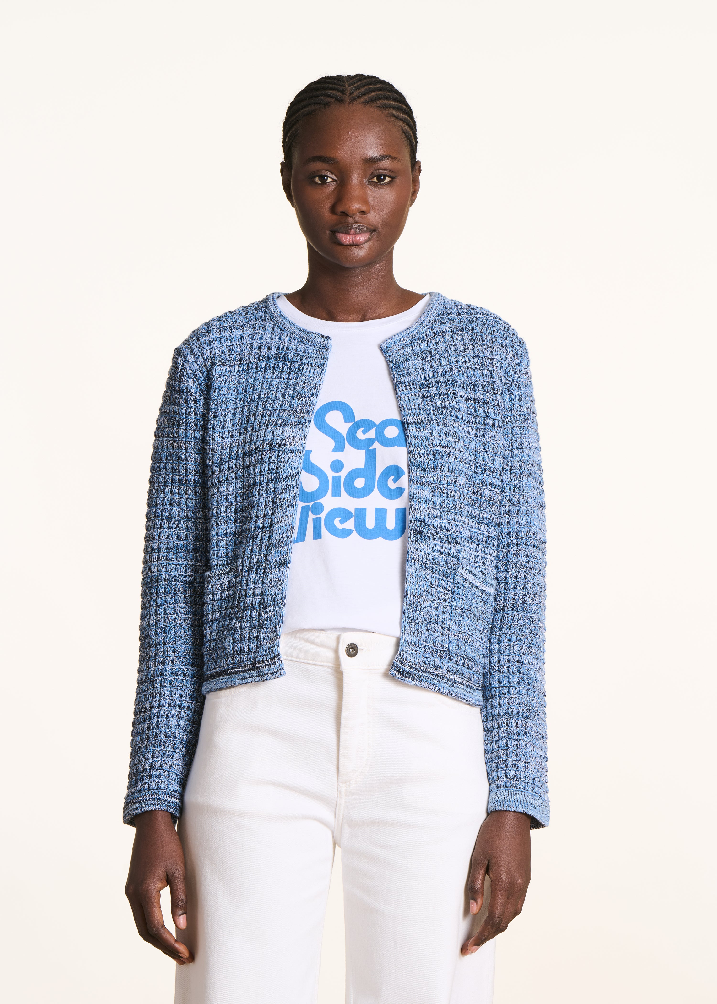 Open blue cardigan in marl knit